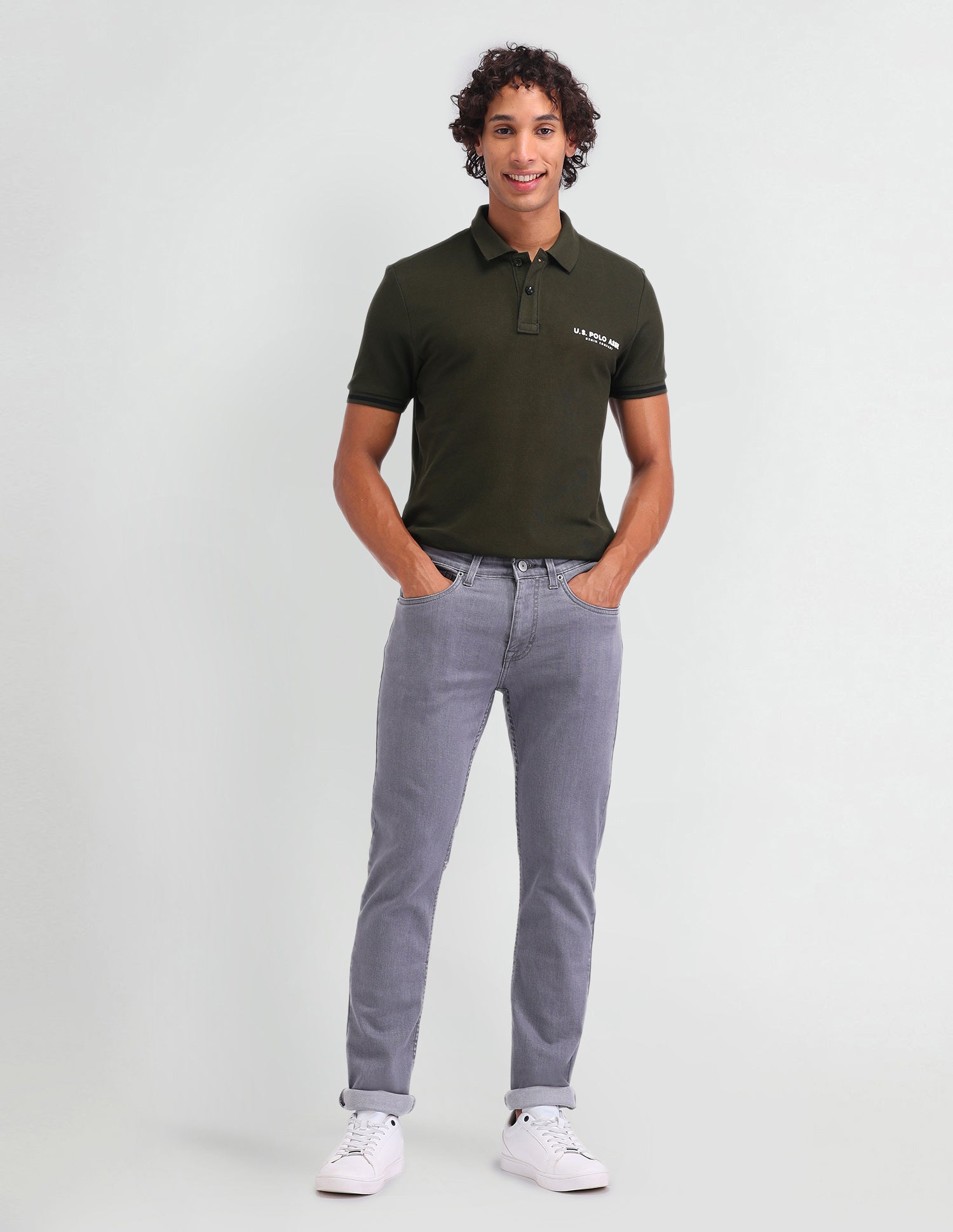 Solid Cotton Muscle Fit Polo Shirt Olive - U.S. Polo Assn. India | Large