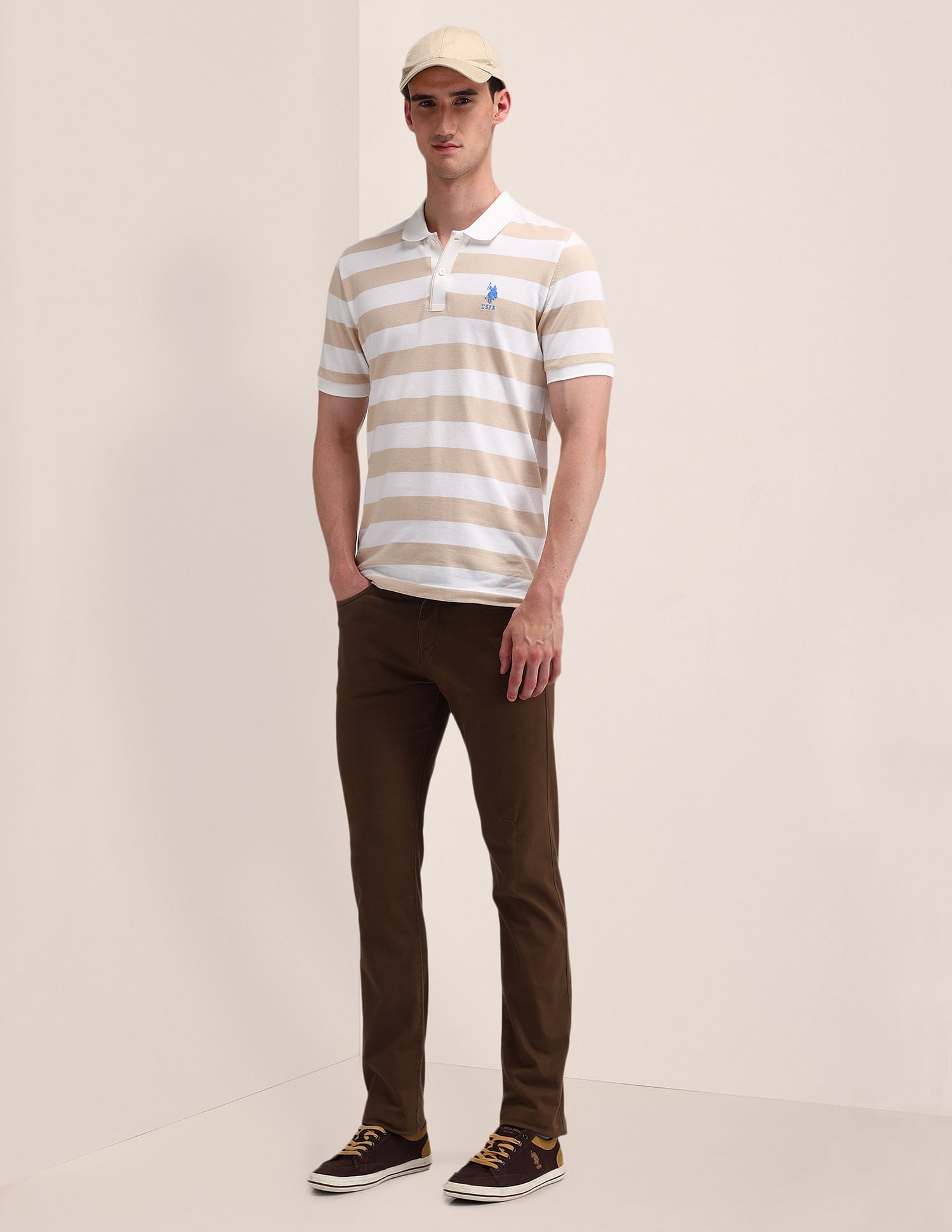 Slim Fit Horizontal Striped Polo Shirt Beige - U.S. Polo Assn. India | Large