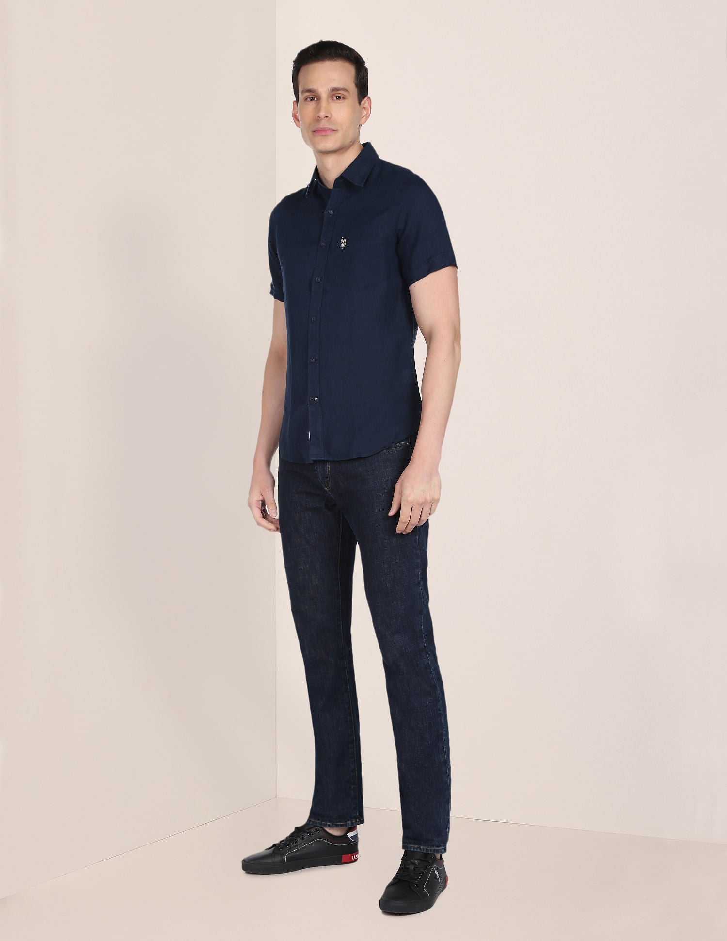 Short Sleeve Solid Linen Casual Shirt Navy - U.S. Polo Assn. India | Large