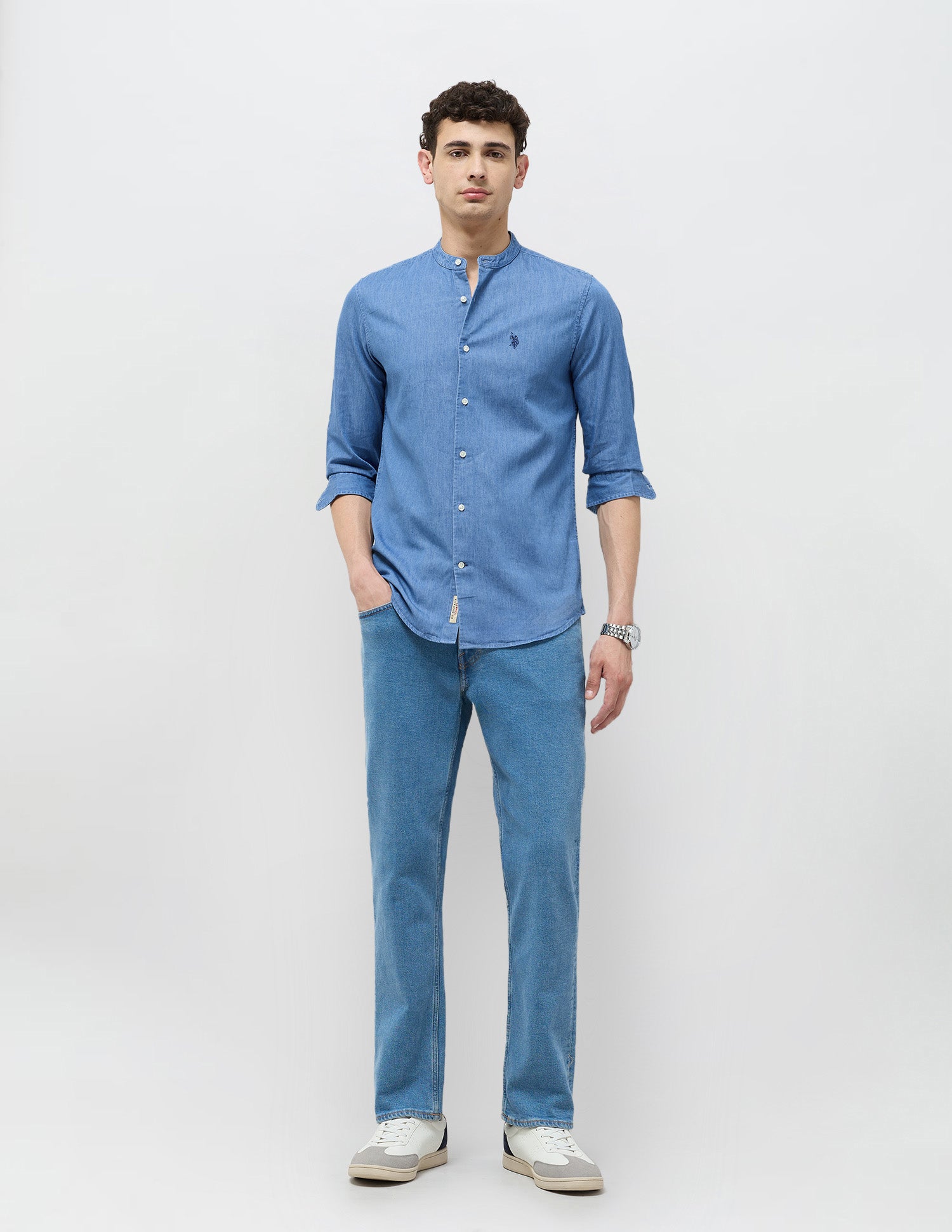 Twill Slim Fit Mandarin Shirt Indigo - U.S. POLO ASSN. | Large