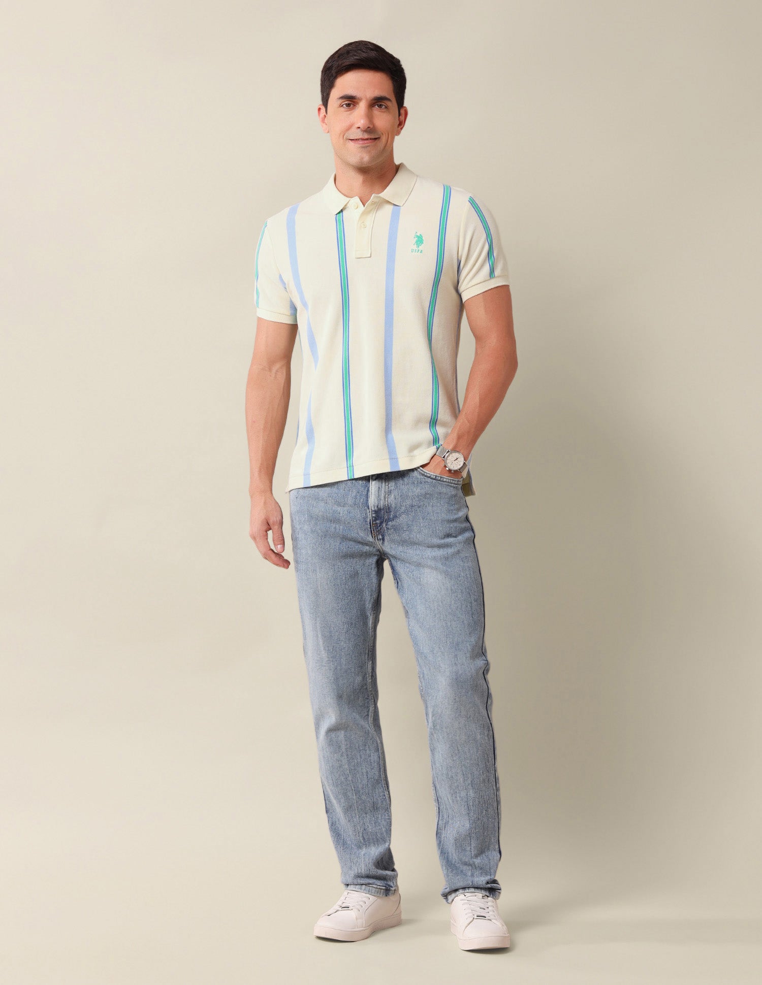 Vertical Striped Slim Fit Polo Shirt Beige - U.S. Polo Assn. India | Large