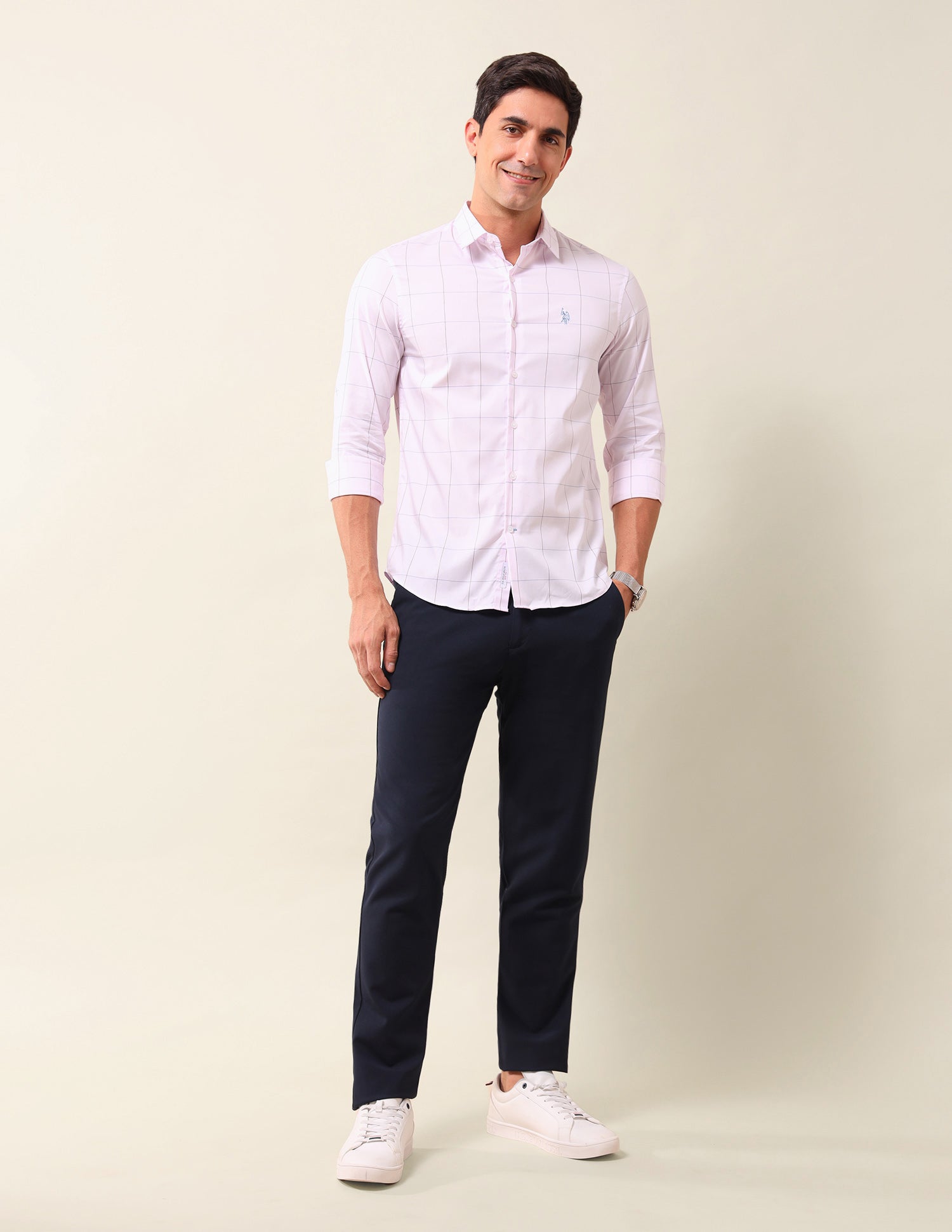 Windowpane Checked Tailored Fit Shirt Light Pink - U.S. Polo Assn. India | Large