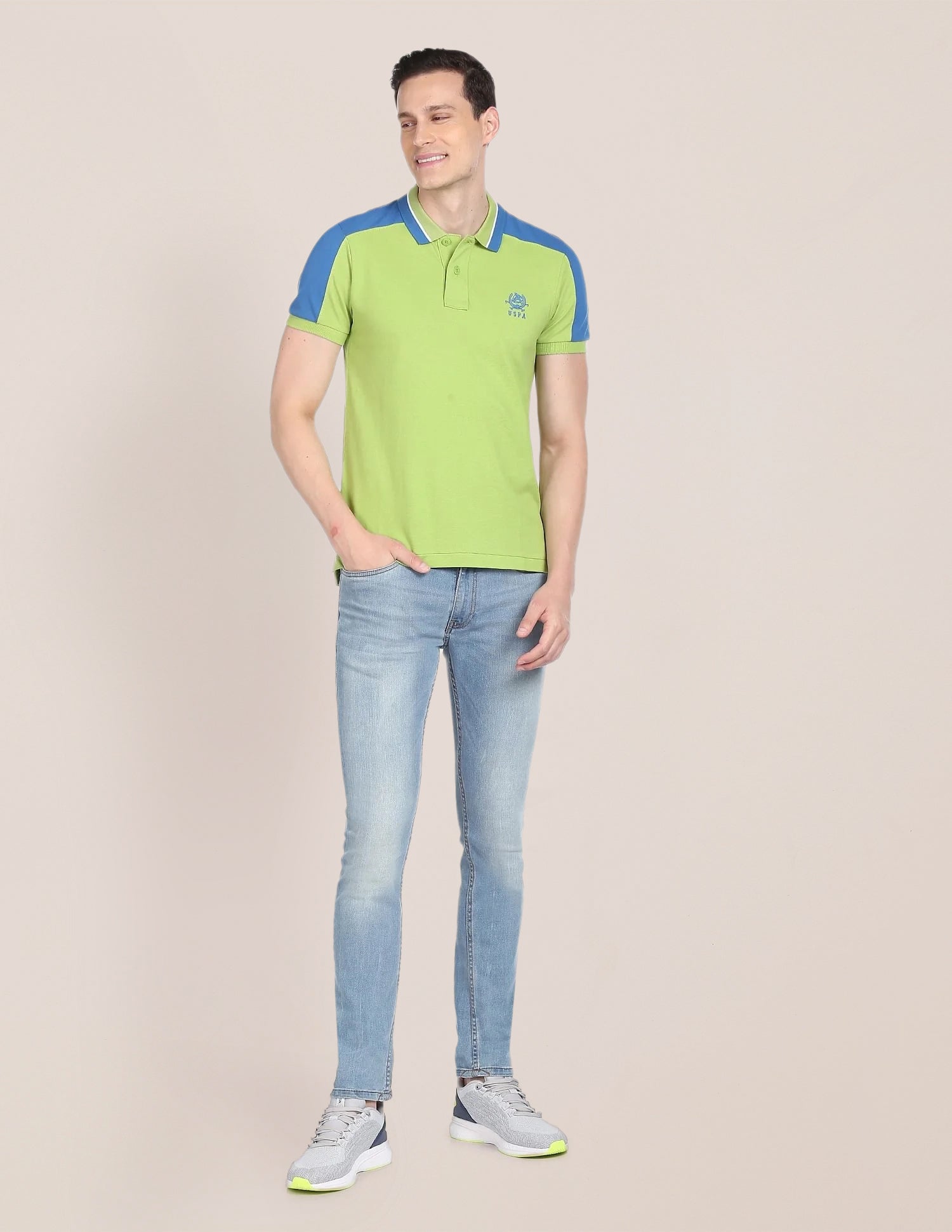 Colour Block Cotton Polo Shirt Light Green and Blue - U.S. POLO ASSN. | Large