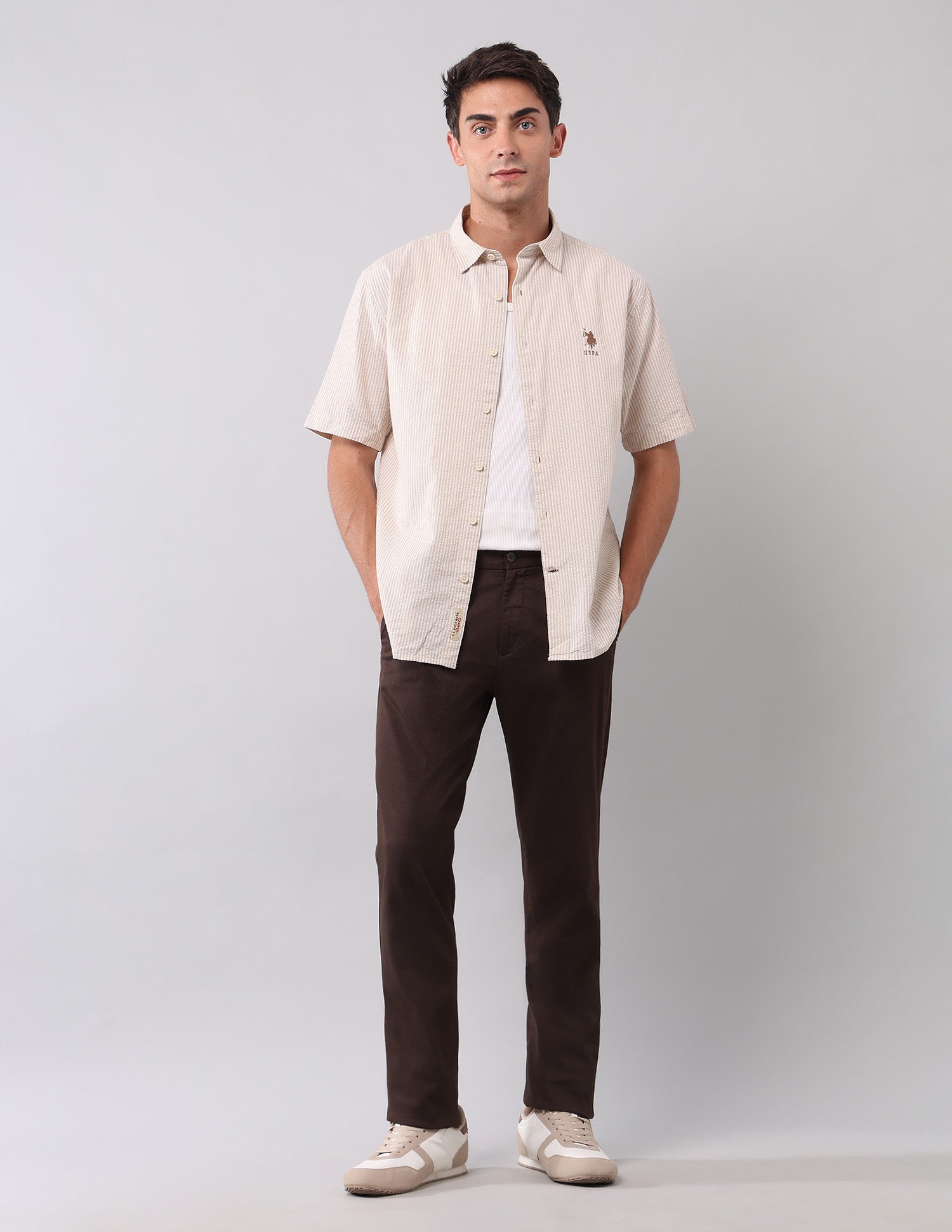 Vertical Striped Pure Cotton Shirt Beige - U.S. POLO ASSN. | Large