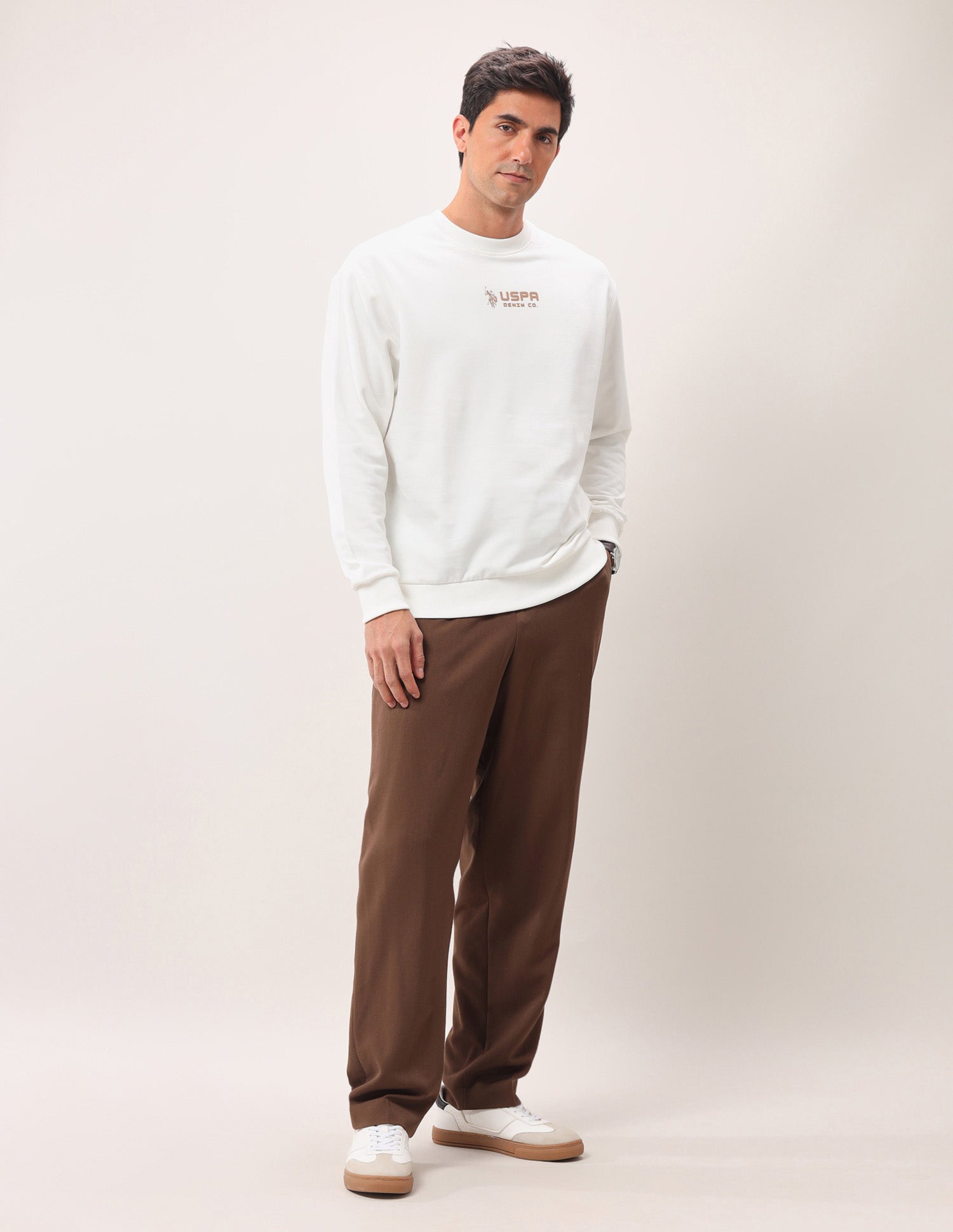 Brand Printed Crew Neck Sweatshirt Ivory - U.S. POLO ASSN. | Large