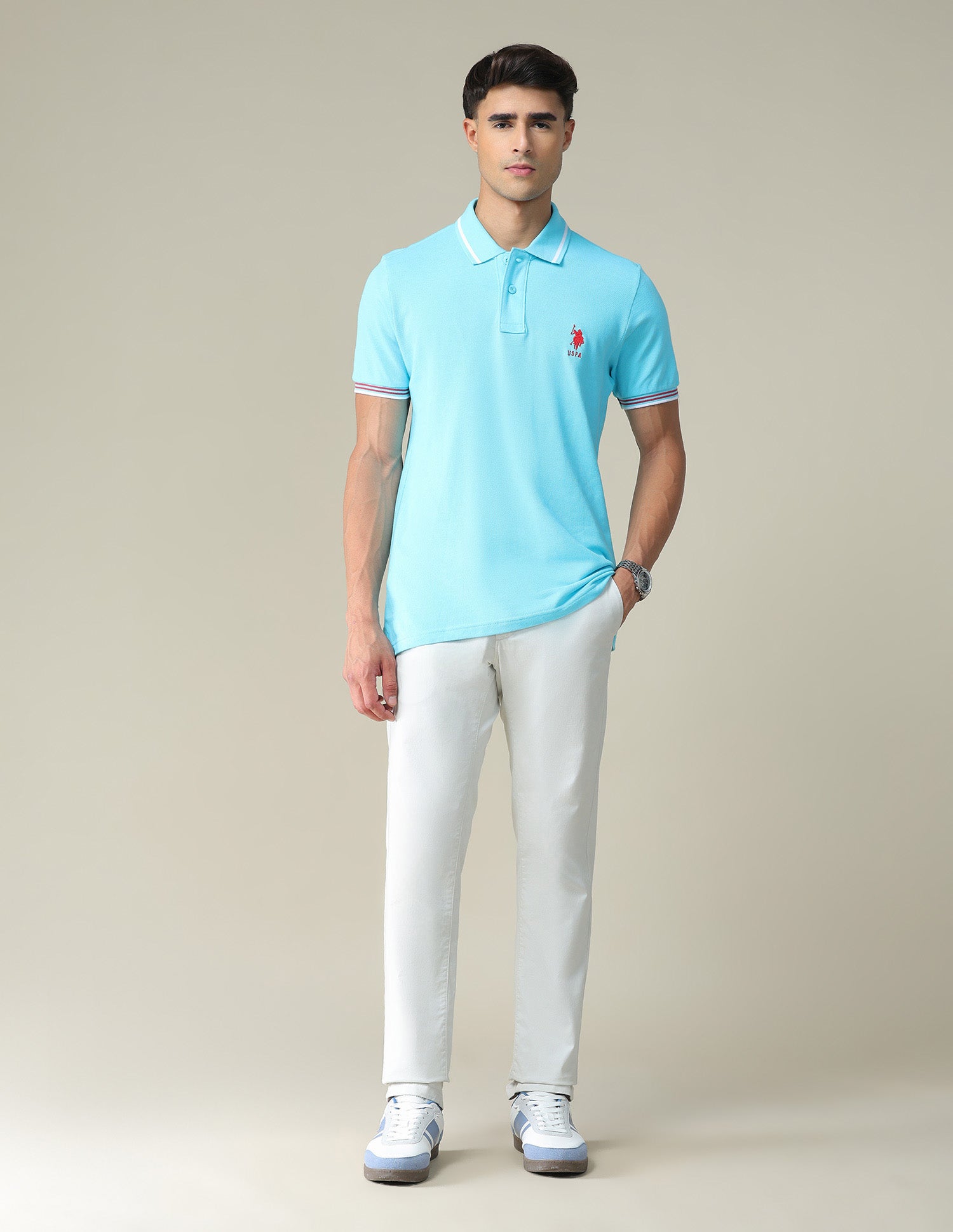 Striped Hem Cotton Polo Shirt Aqua - U.S. POLO ASSN. | Large