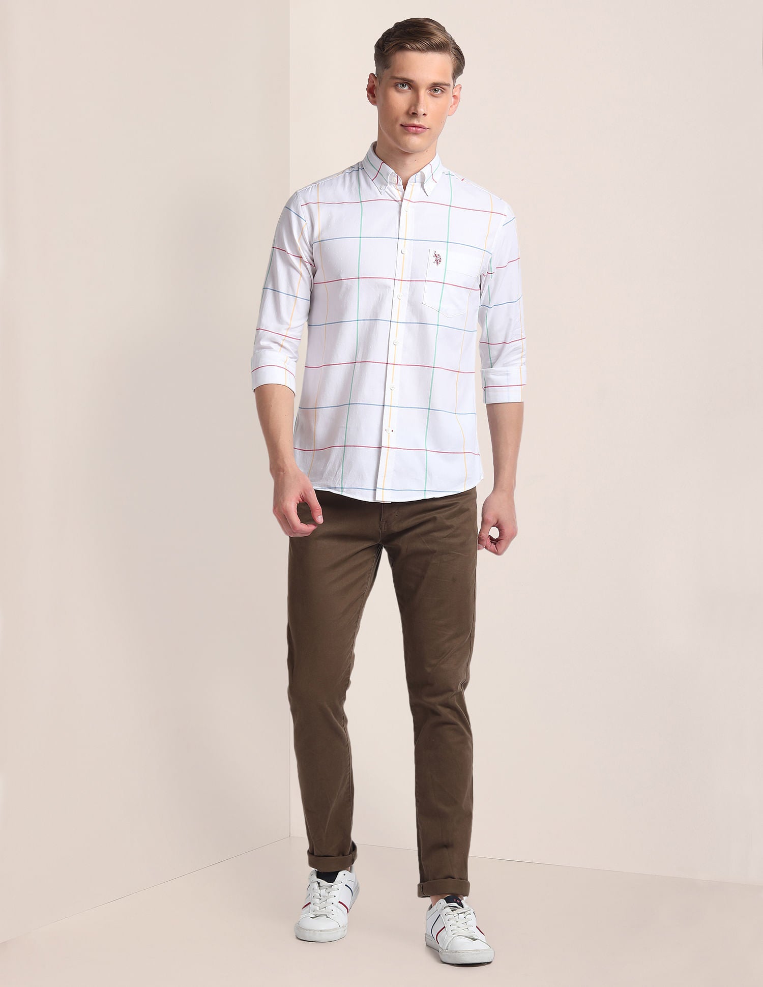 Premium Cotton Windowpane Check Shirt White - U.S. Polo Assn. India | Large