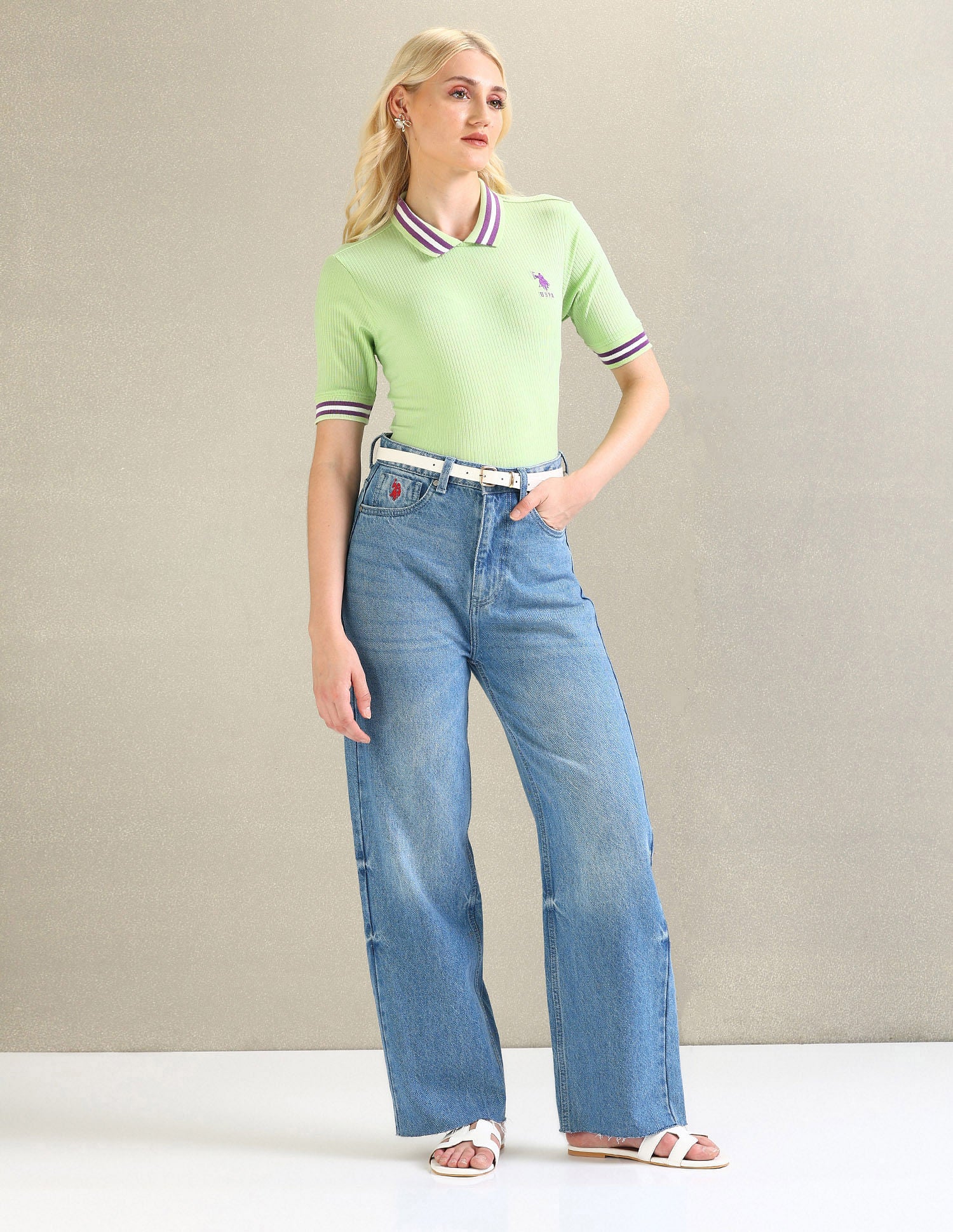 Striped Collar Solid Polo Shirt Light Green - U.S. POLO ASSN. | Large