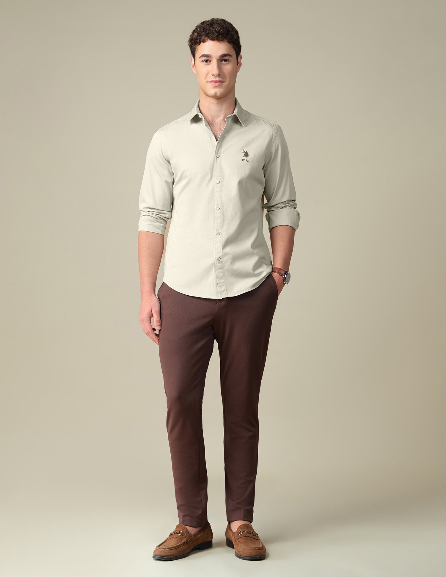 Twill Regular Fit Shirt Beige - U.S. Polo Assn. India | Large