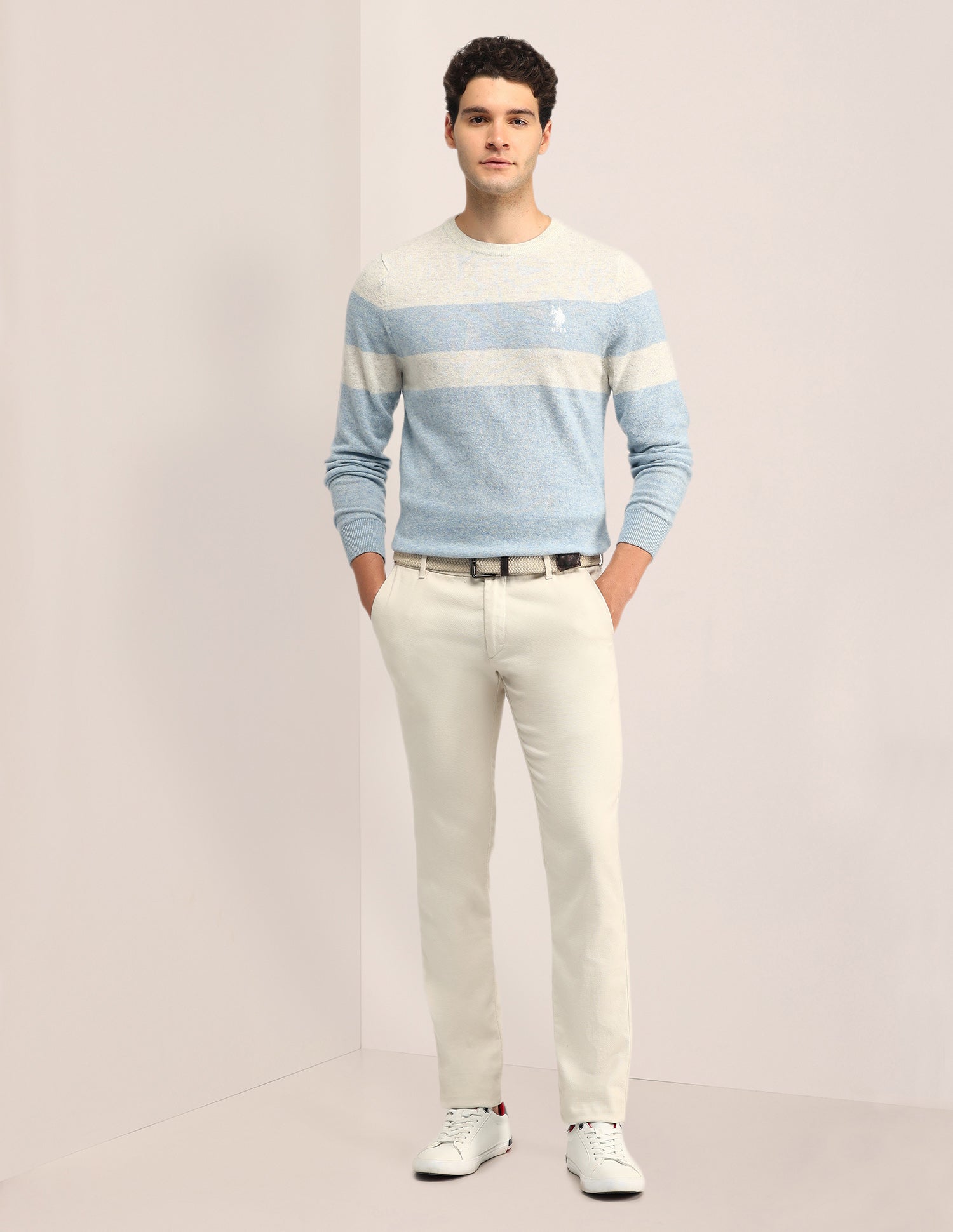 Colour Blocked Regular Fit Sweater Off White - U.S. Polo Assn. India | Large
