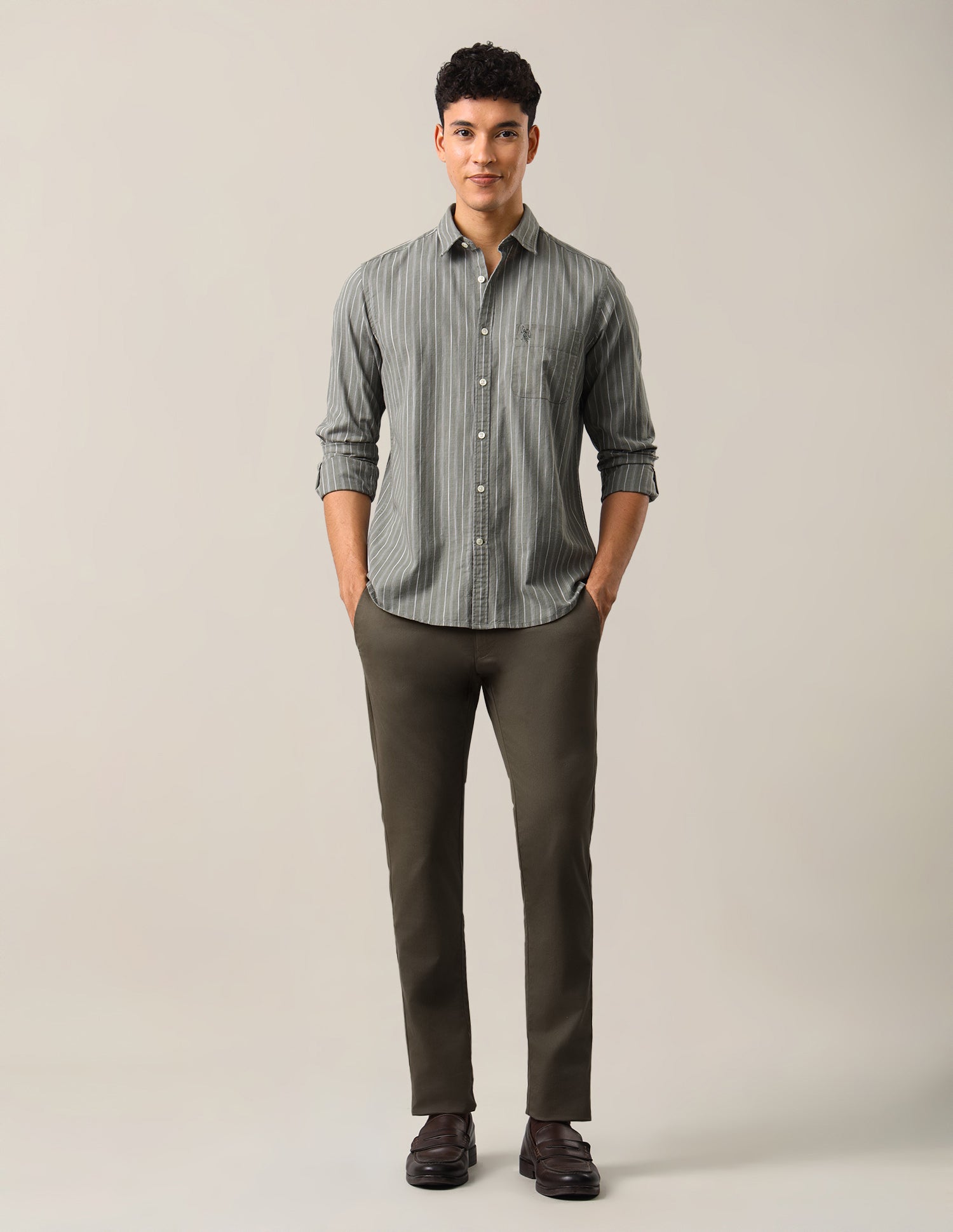 Vertical Striped Regular Fit Shirt Light Olive - U.S. Polo Assn. India | Large