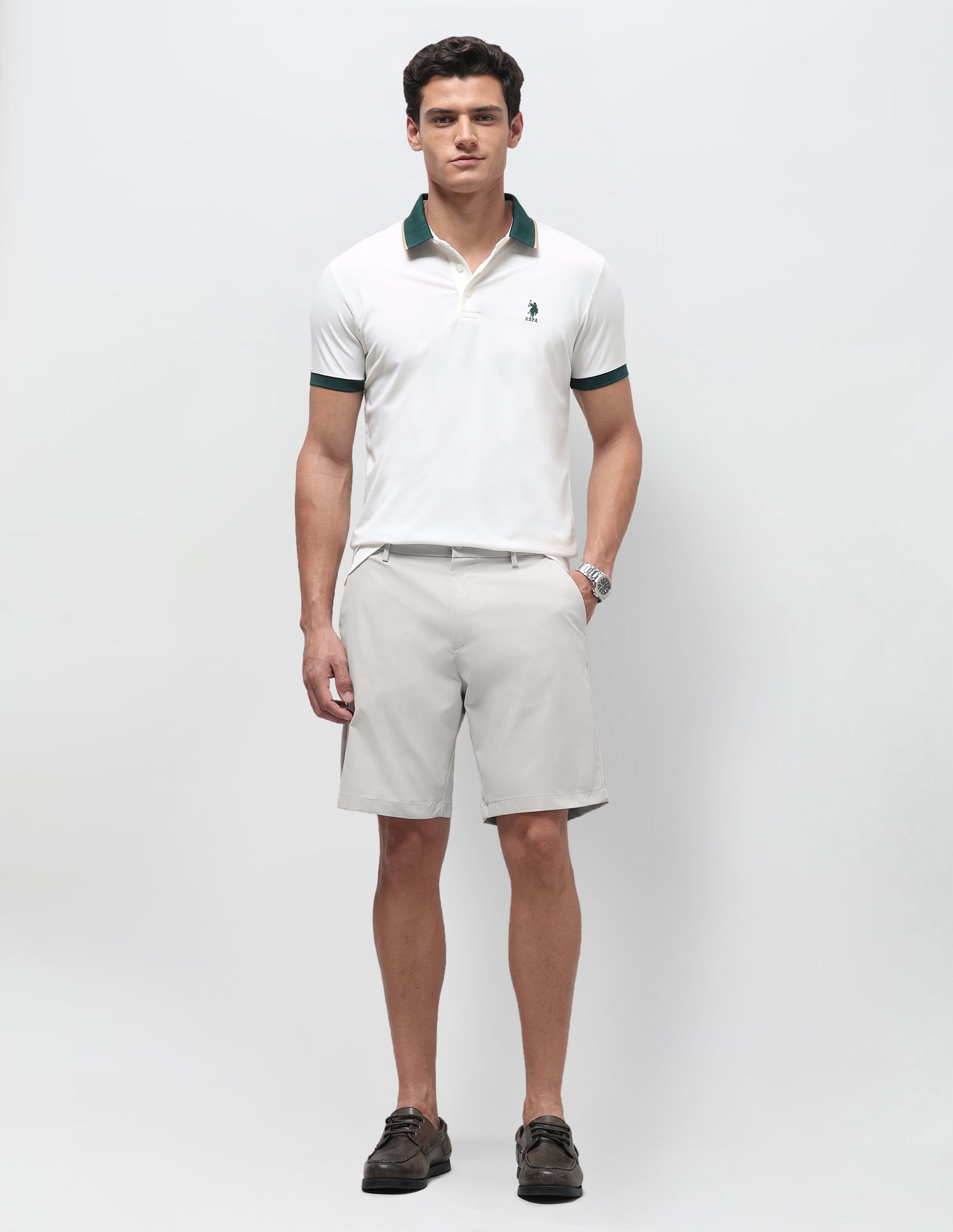 Mid Rise Solid Shorts Light Grey Melang - U.S. Polo Assn. India | Large