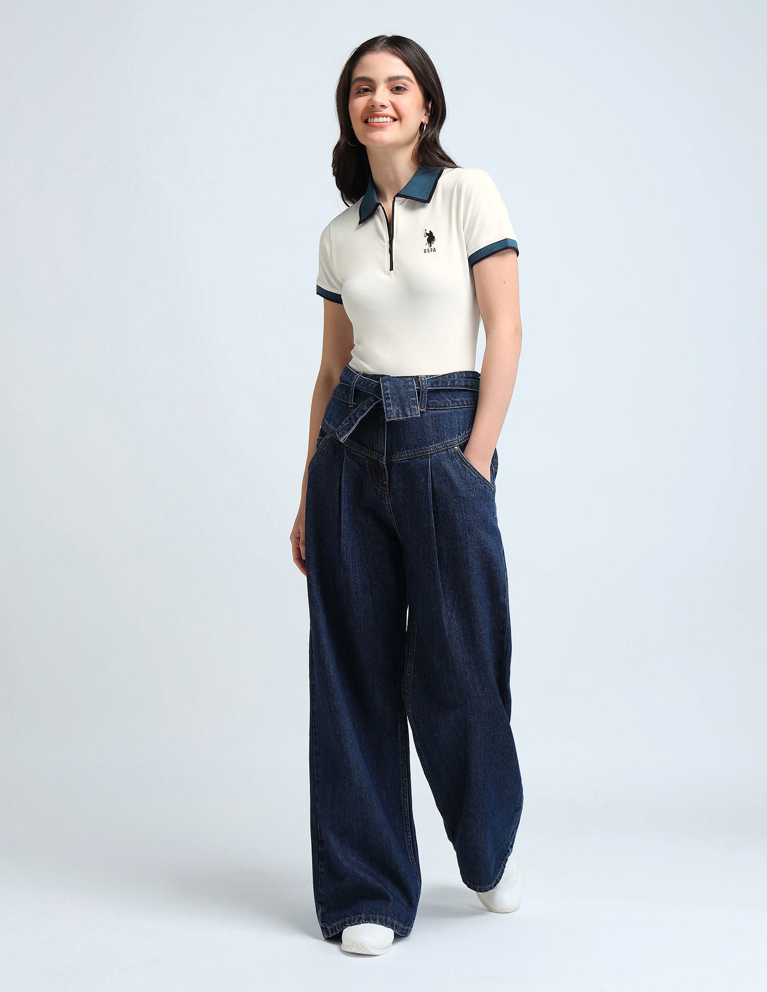 Contrast Collar Zipper Polo Shirt Off White - U.S. POLO ASSN. | Large