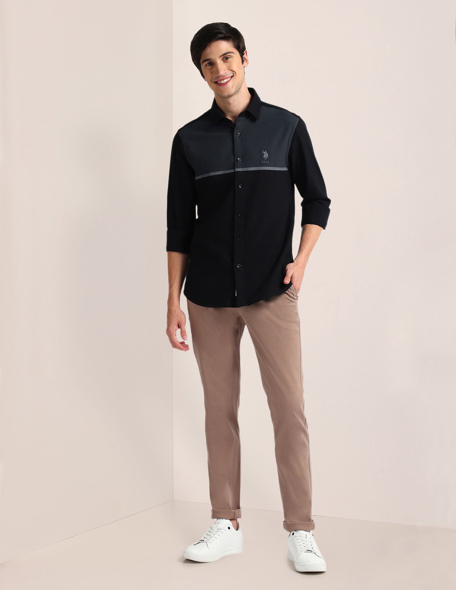 Colour Block Tailored Fit Shirt Black - U.S. Polo Assn. India | Large