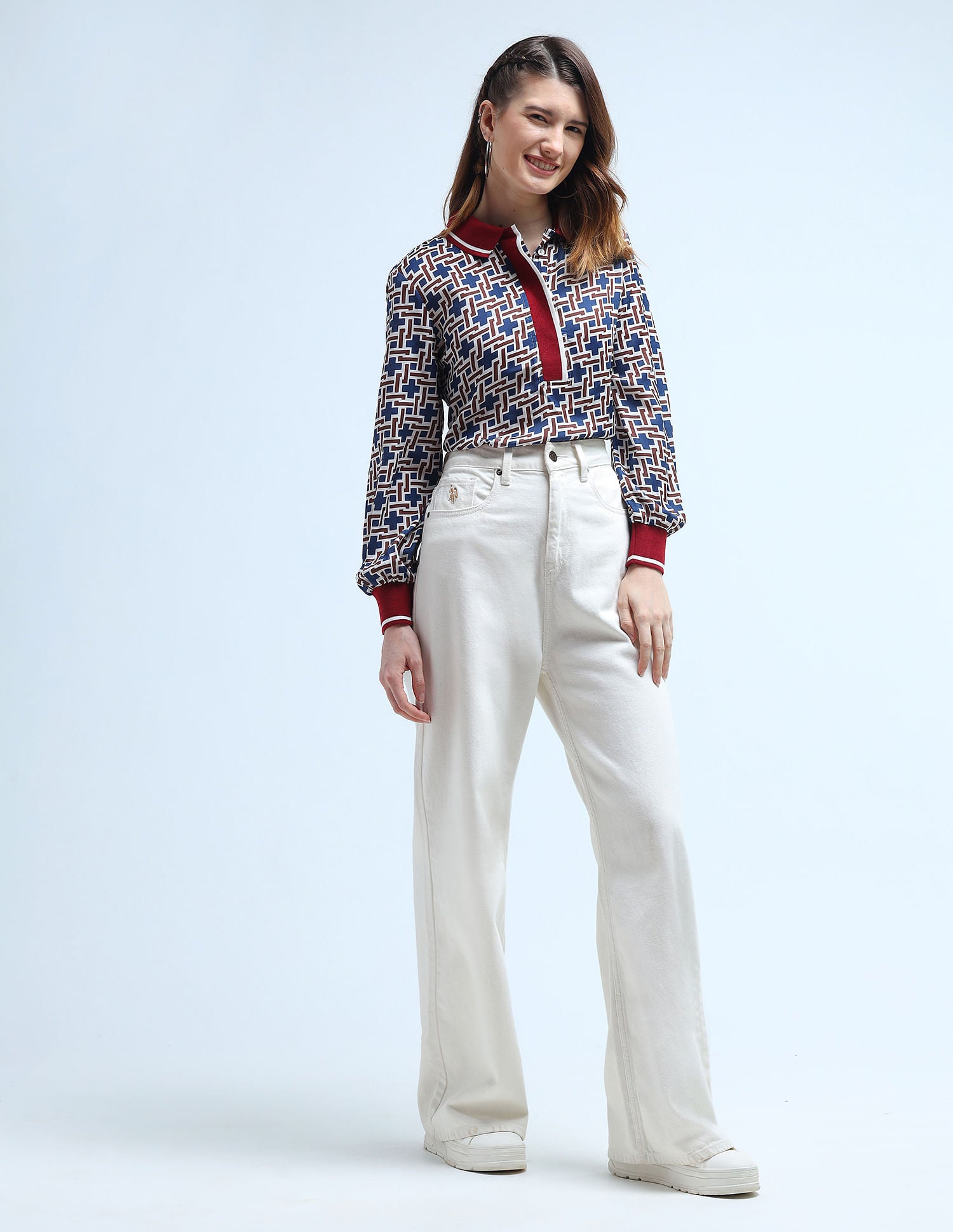 Polo Collar Geometric Printed Top Multicolour - U.S. Polo Assn. India | Large