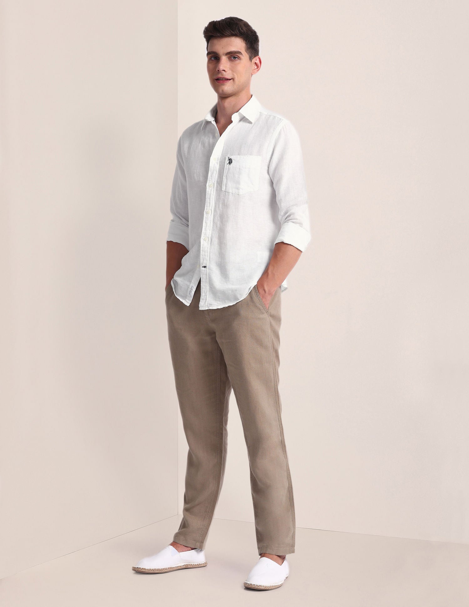 Tailored Fit Linen Blend Shirt White - U.S. Polo Assn. India | Large