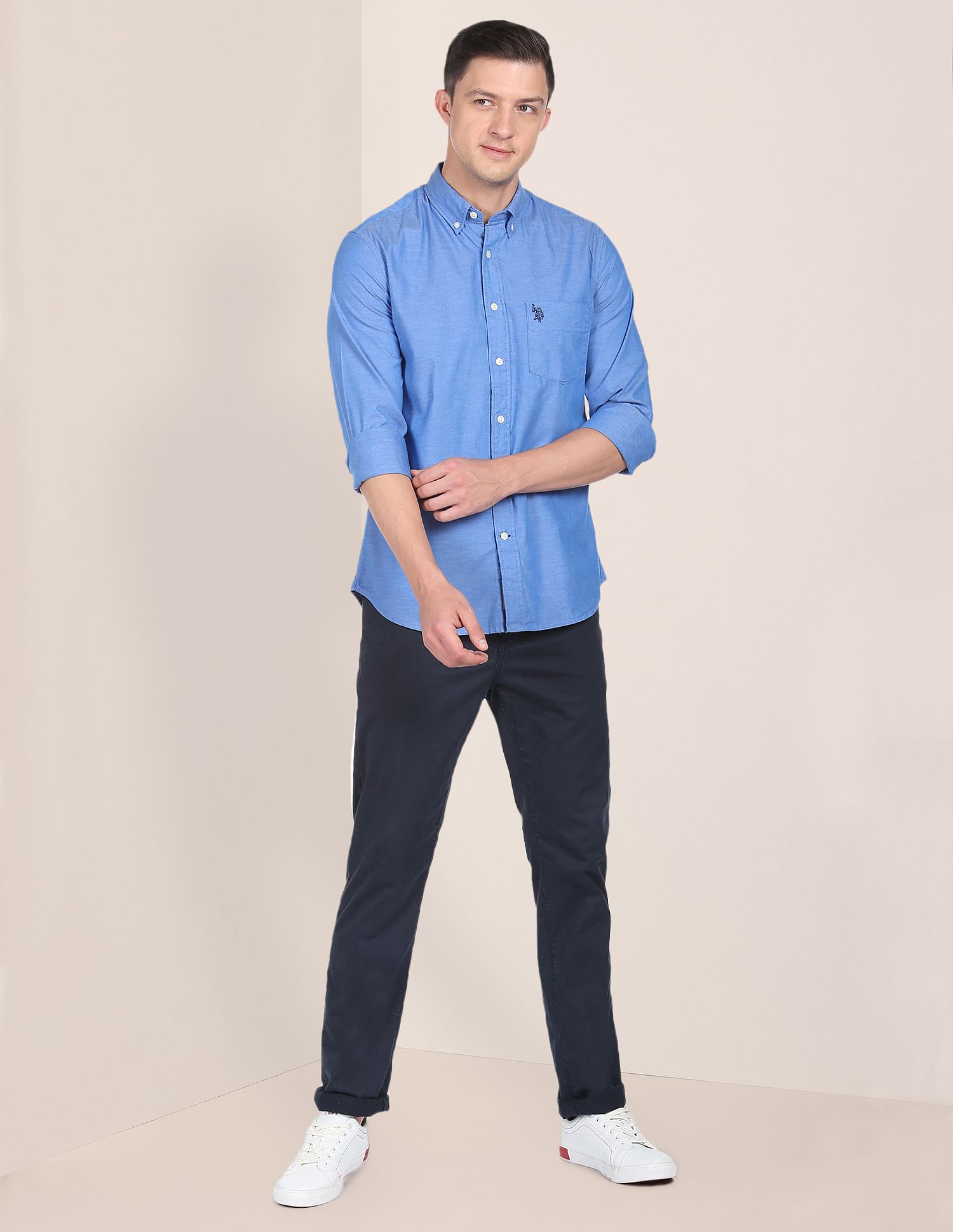 Men Blue Button Down Collar Oxford Casual Shirt Blue - U.S. POLO ASSN. | Large