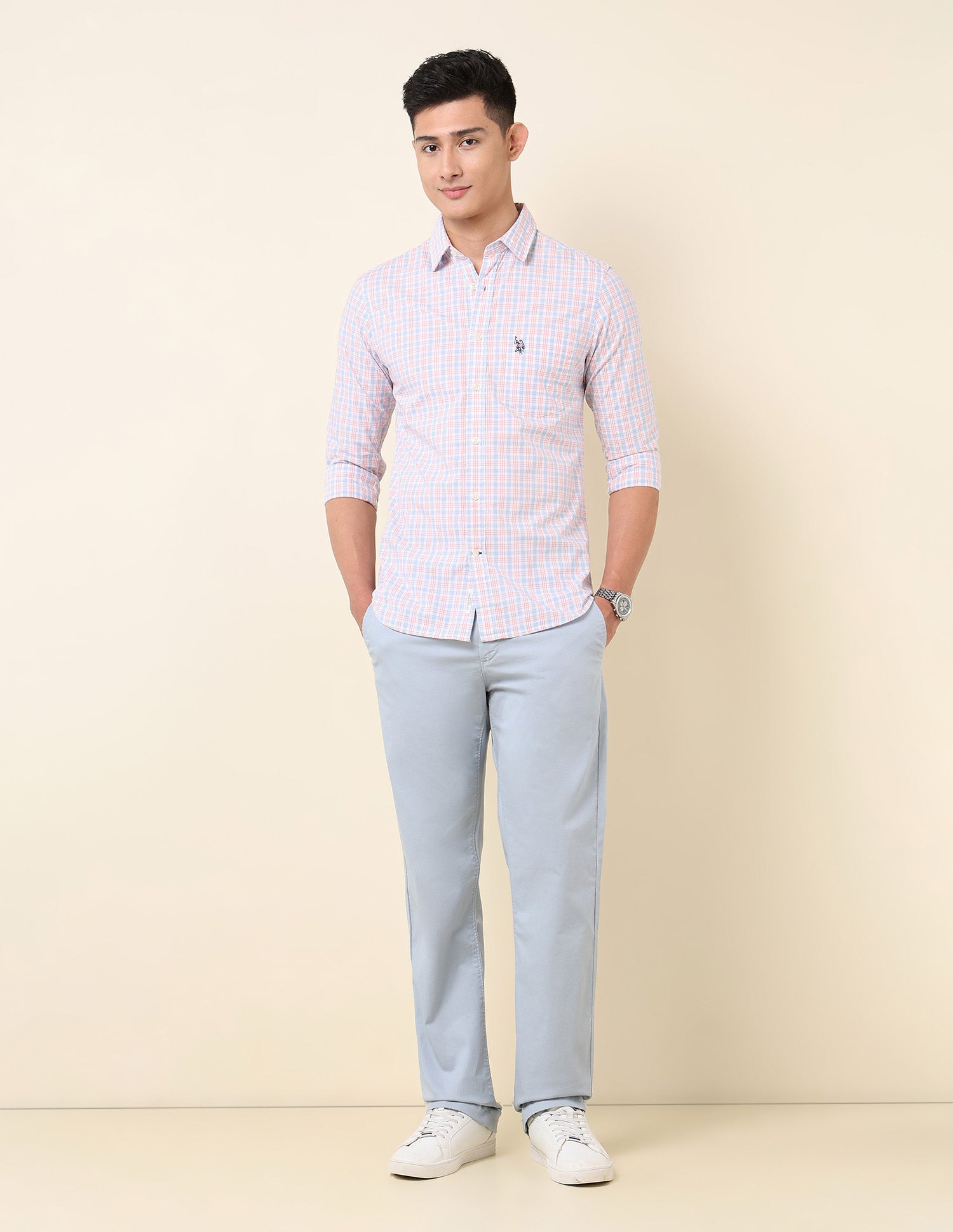 Pure Cotton Grid Tattersall Checked Shirt Light Pink - U.S. Polo Assn. India | Large