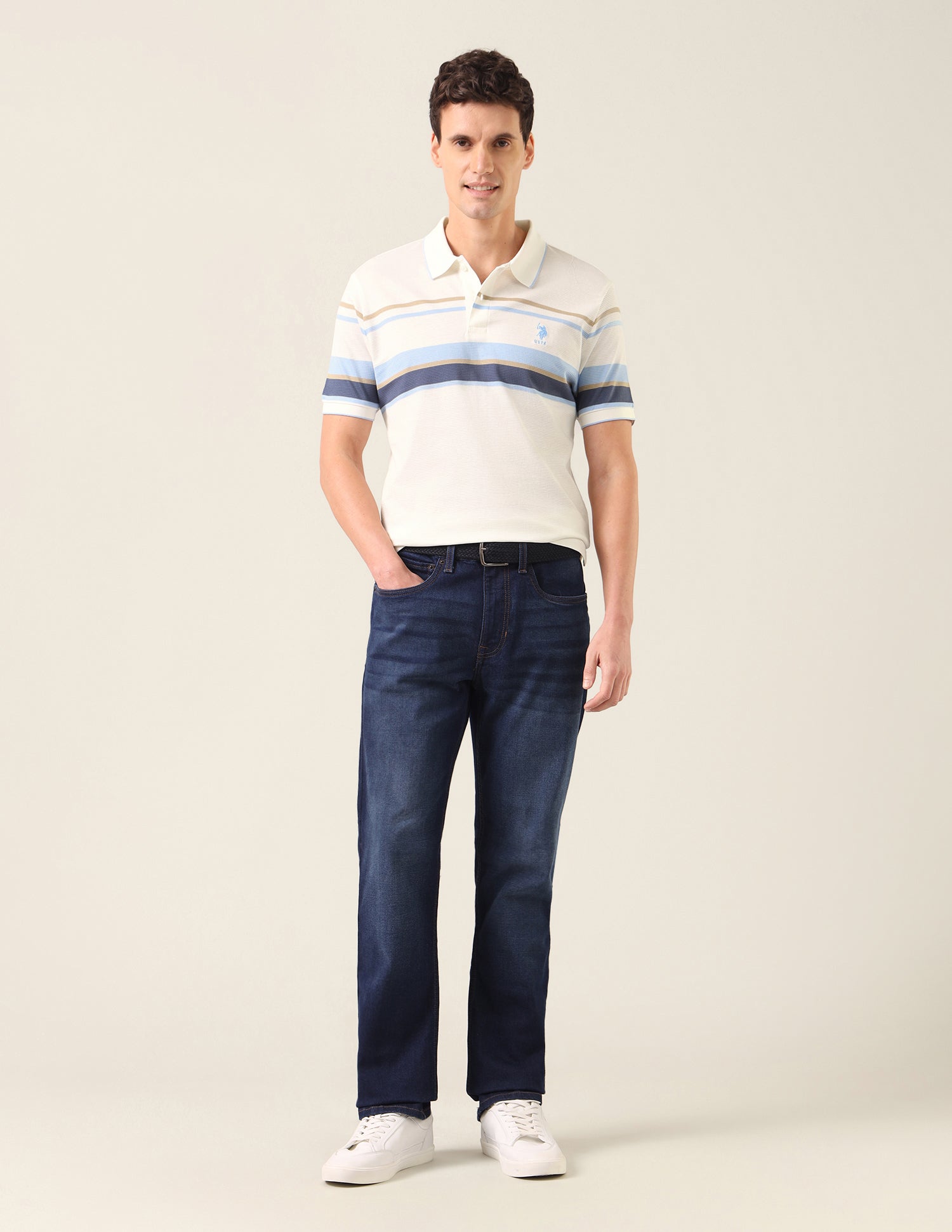 Horizontal Striped Slim Fit Polo Shirt Off White - U.S. Polo Assn. India | Large