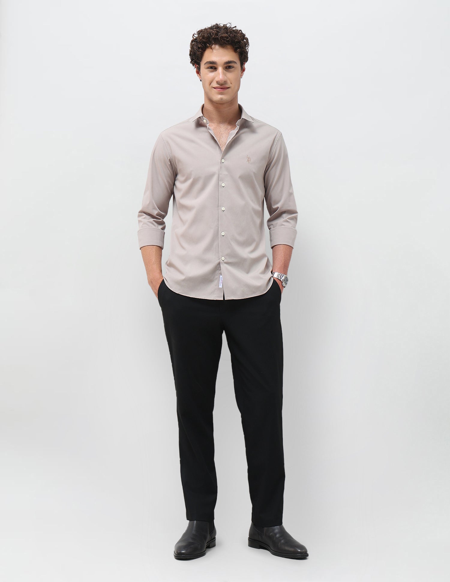 Solid Tailored Fit Shirt Light Beige - U.S. Polo Assn. India | Large