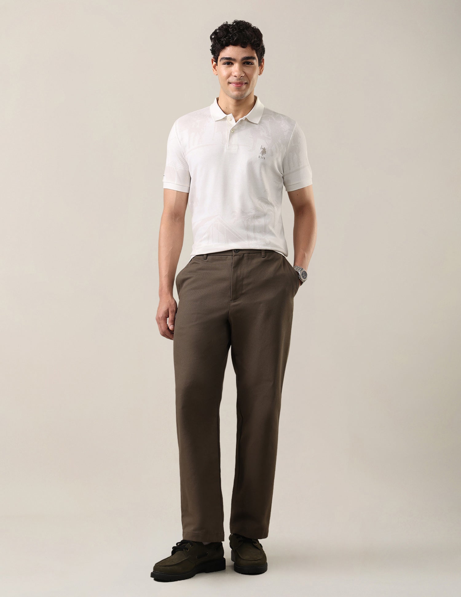 Graphic Printed Slim Fit Polo Shirt Off White - U.S. Polo Assn. India | Large