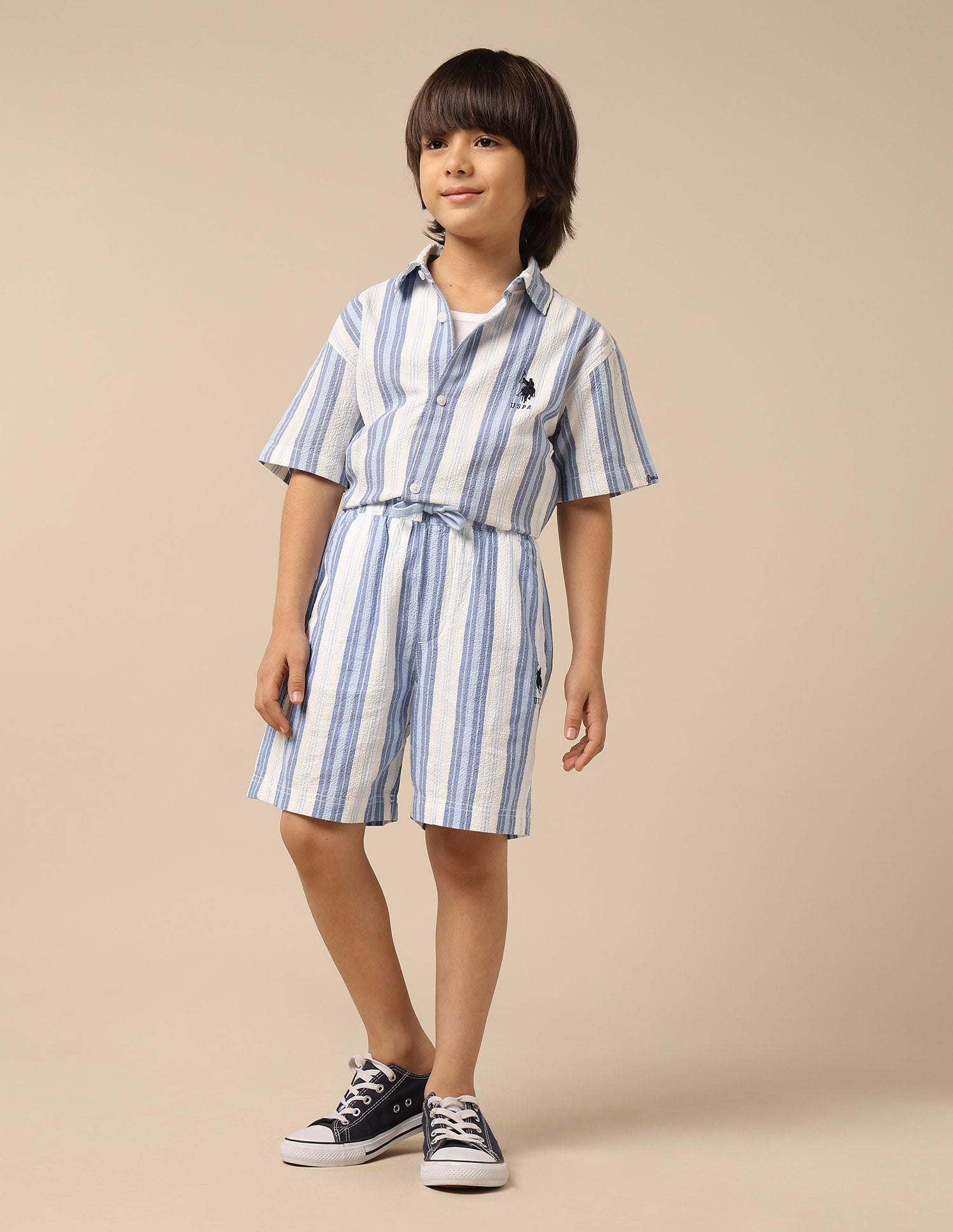 Boys Vertical Striped Regular Fit Shorts Blue - U.S. Polo Assn. India | Large