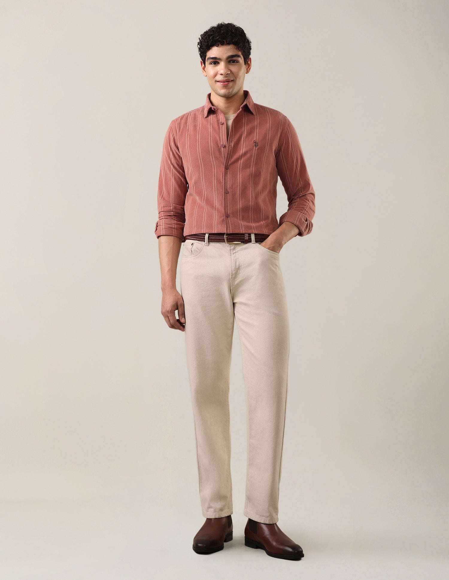 Corduroy Self Design Vertical Striped Shirt Pink - U.S. Polo Assn. India | Large