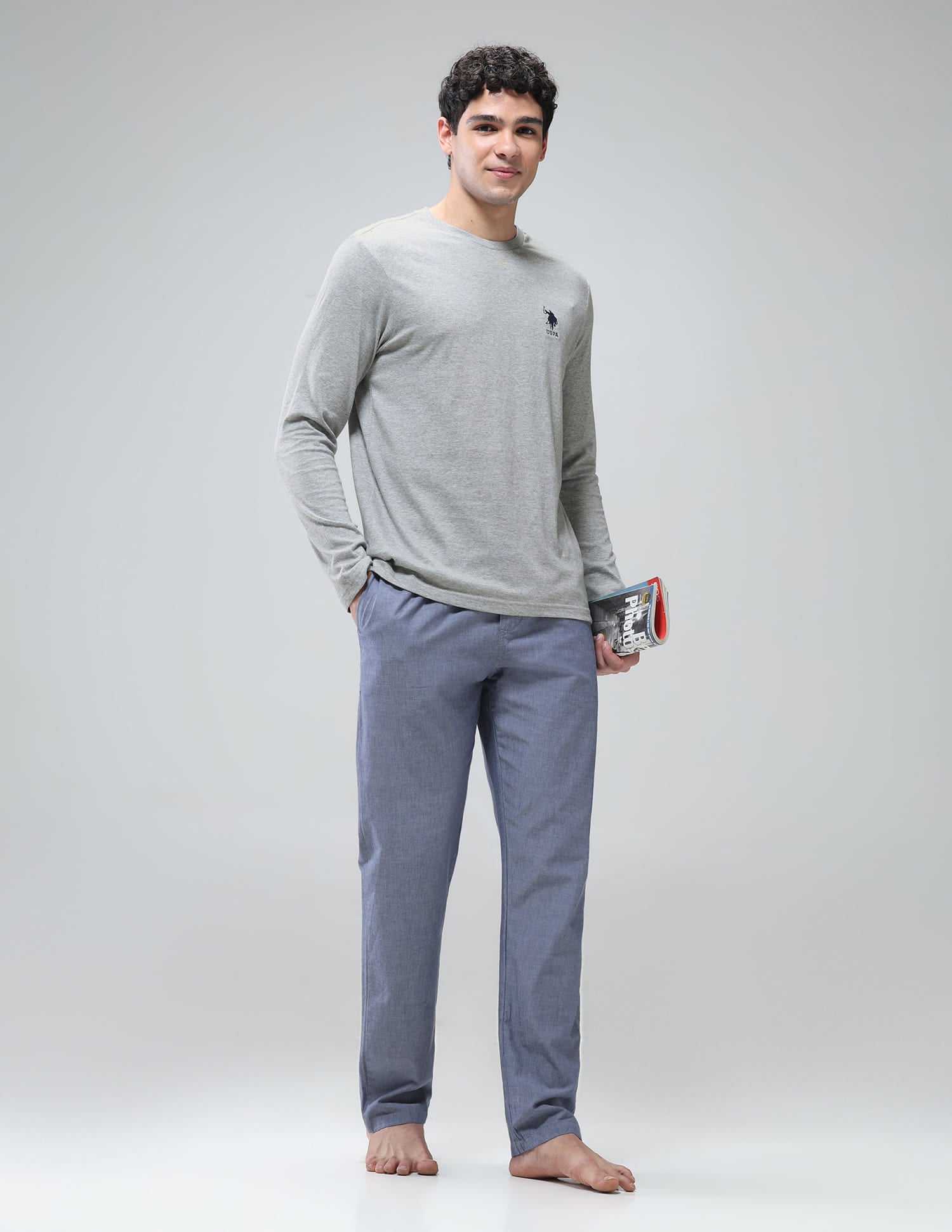 Pure Cotton Long Sleeve I693 Lounge T-Shirt - Pack Of 1 Grey Melange - U.S. Polo Assn. India | Large