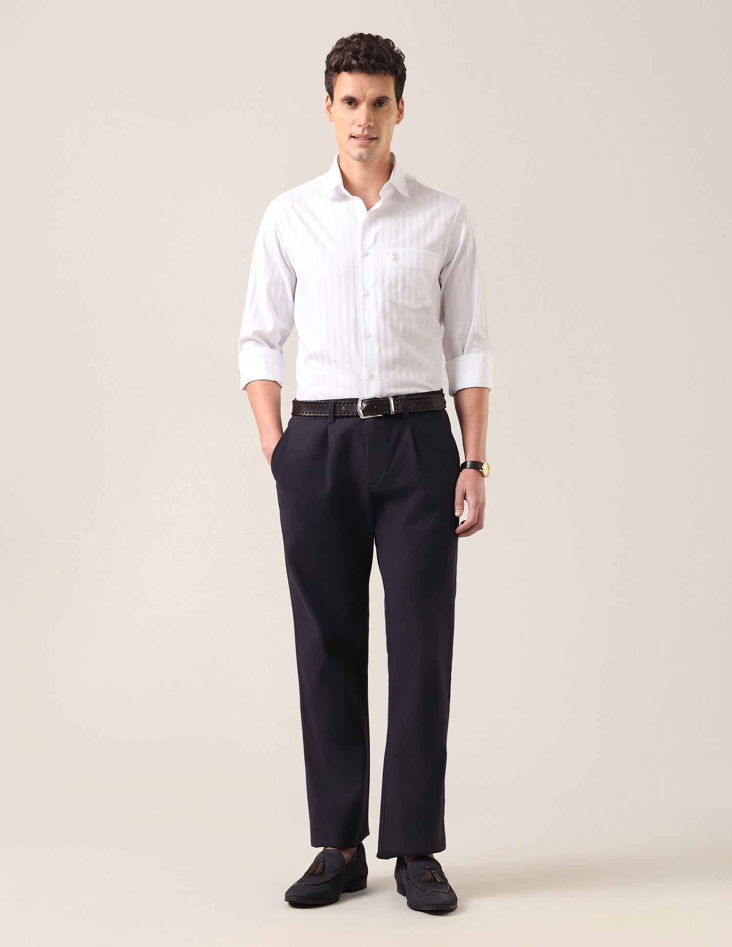 Self Design Vertical Striped Tailored Fit Shirt White - U.S. Polo Assn. India | Large