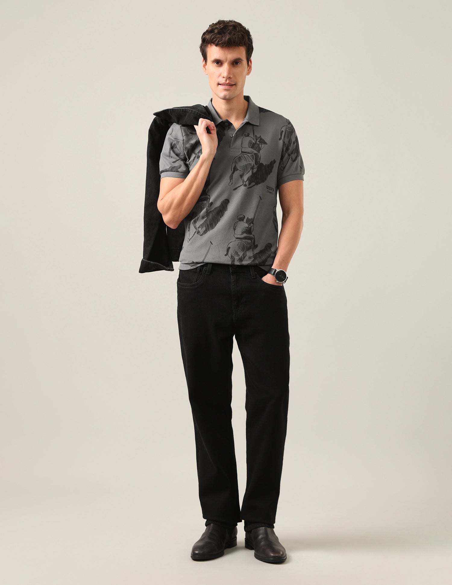 Graphic Brand Printed Slim Fit Polo Shirt Dark Grey - U.S. Polo Assn. India | Large