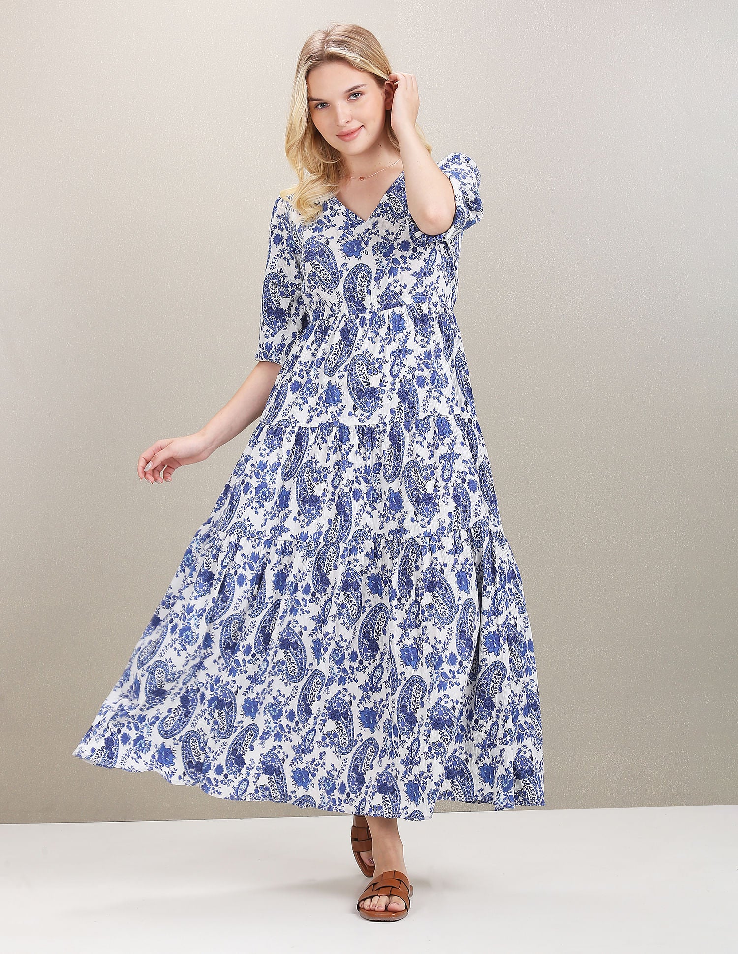 V-Neck Paisley Print Maxi Dress Blue and White - U.S. Polo Assn. India | Large