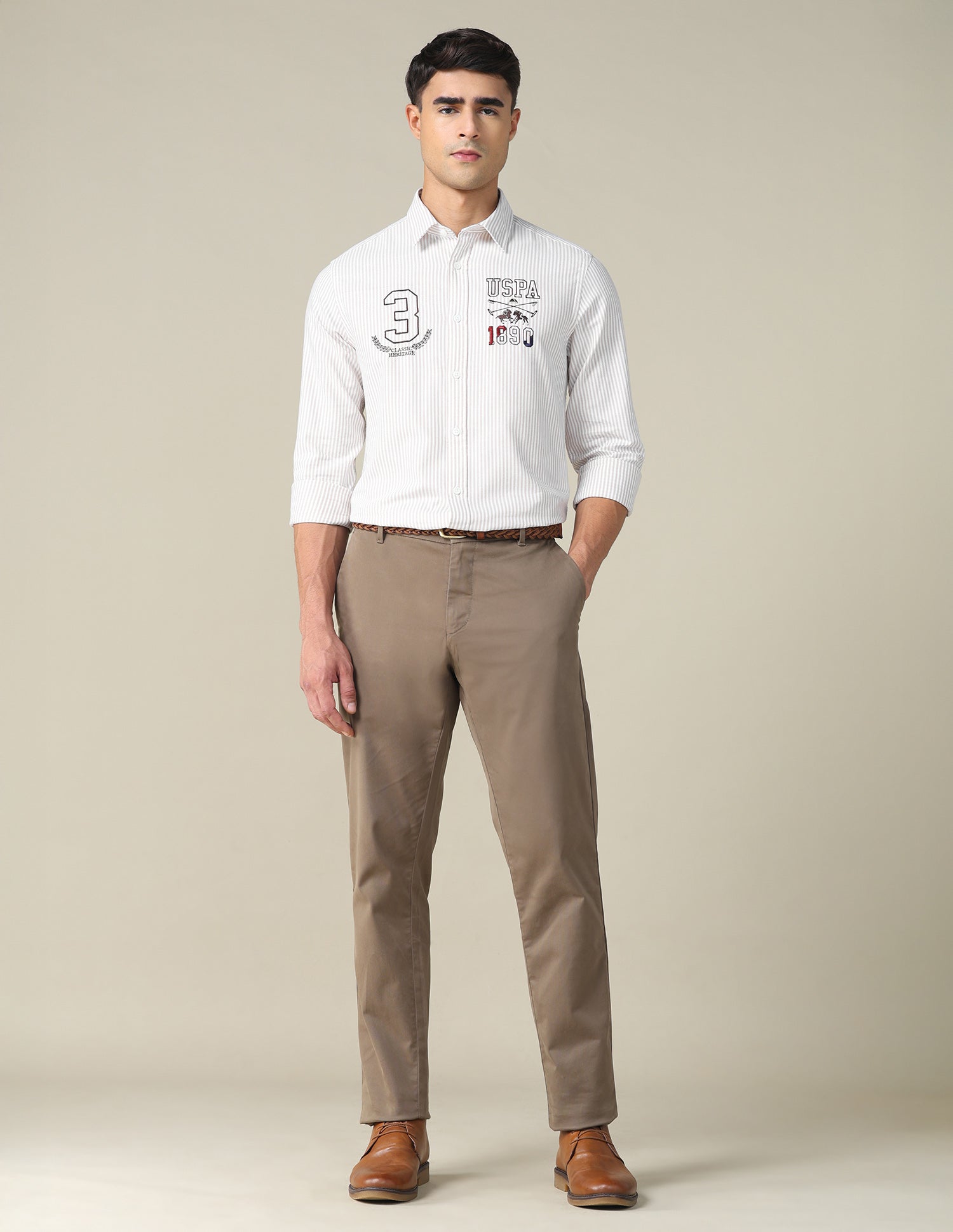 Oxford Vertical Striped Shirt Khaki - U.S. POLO ASSN. | Large