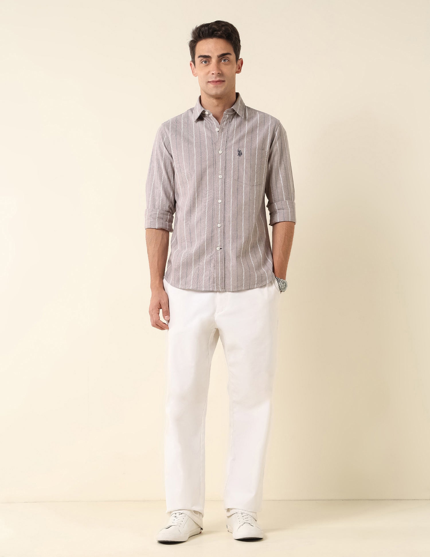 Tailored Fit Vertical Striped Shirt Light Brown - U.S. Polo Assn. India | Large