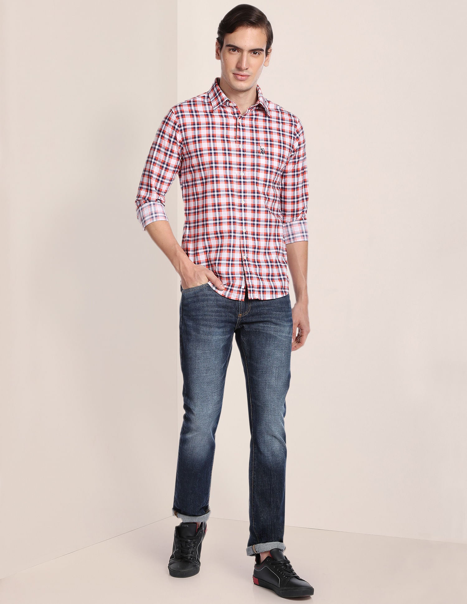 Pure Cotton Tartan Check Shirt Orange and Navy - U.S. POLO ASSN. | Large