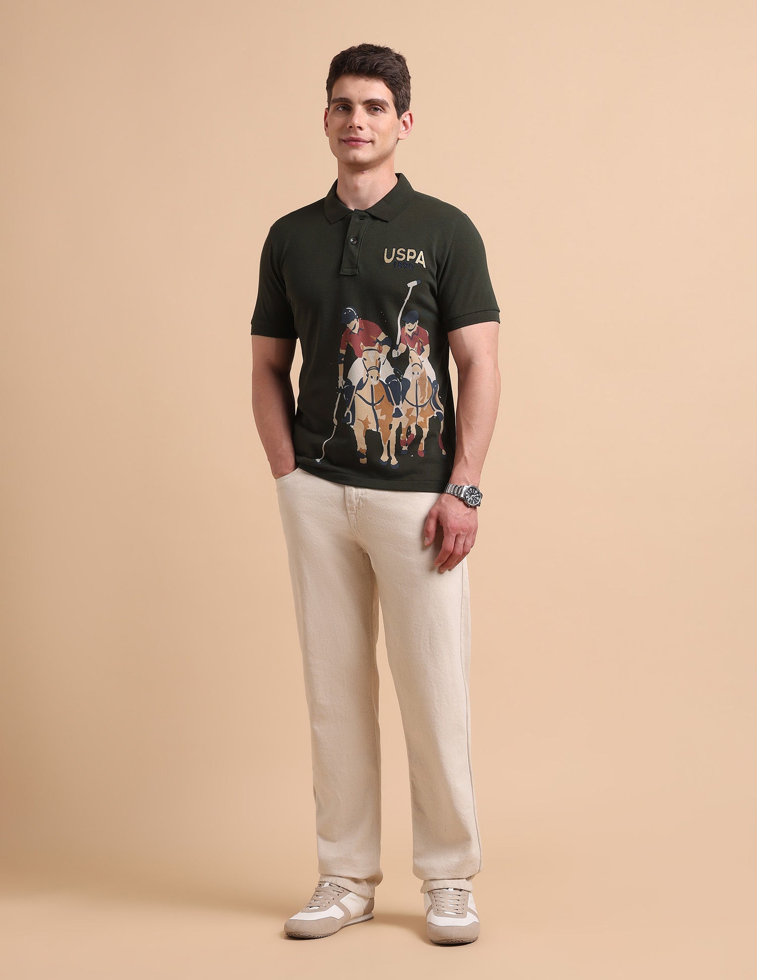 Brand Printed Pure Cotton Polo Shirt Olive - U.S. POLO ASSN. | Large