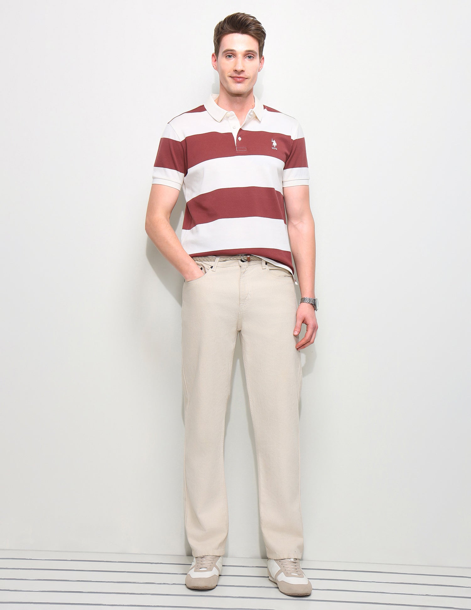 Horizontal Striped Slim Fit Polo Shirt Dark Pink - U.S. Polo Assn. India | Large