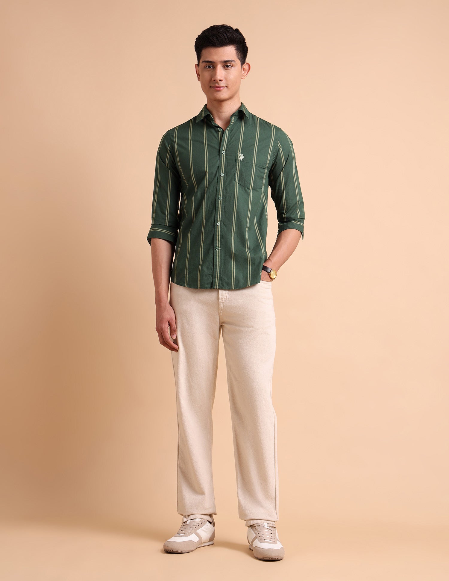 Vertical Striped Pure Cotton Shirt Olive - U.S. POLO ASSN. | Large