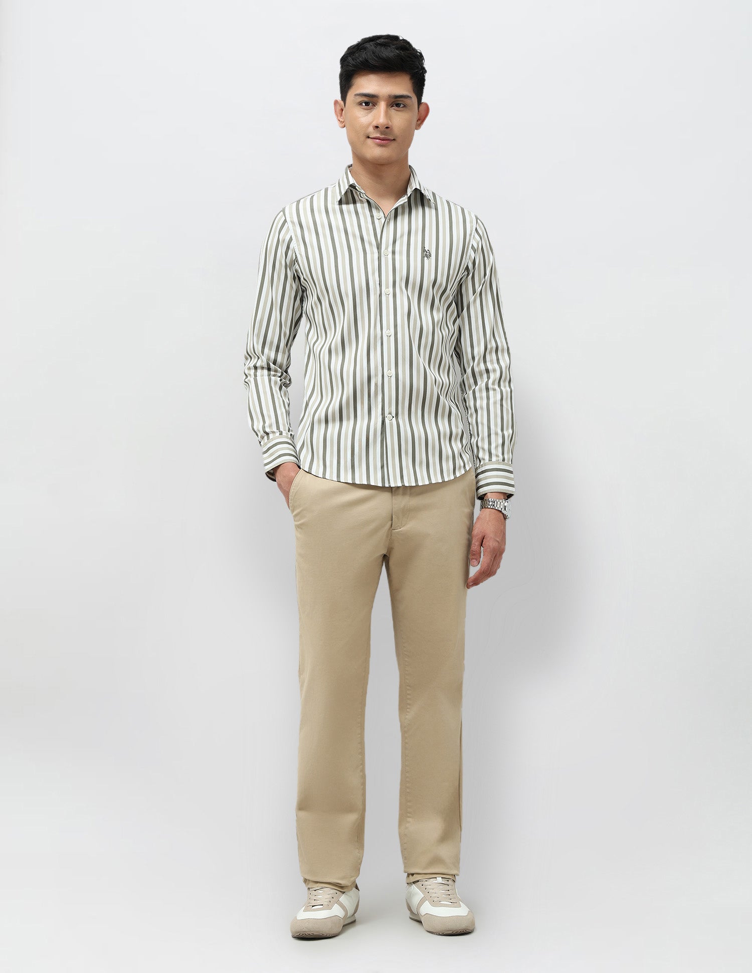 Vertical Striped Pure Cotton Shirt Olive - U.S. POLO ASSN. | Large