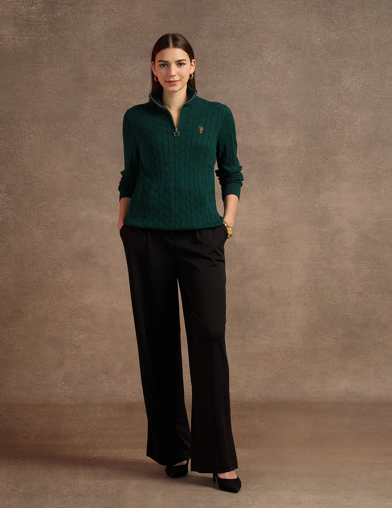 High Neck Cable Knit Sweater Green - U.S. Polo Assn. India | Large