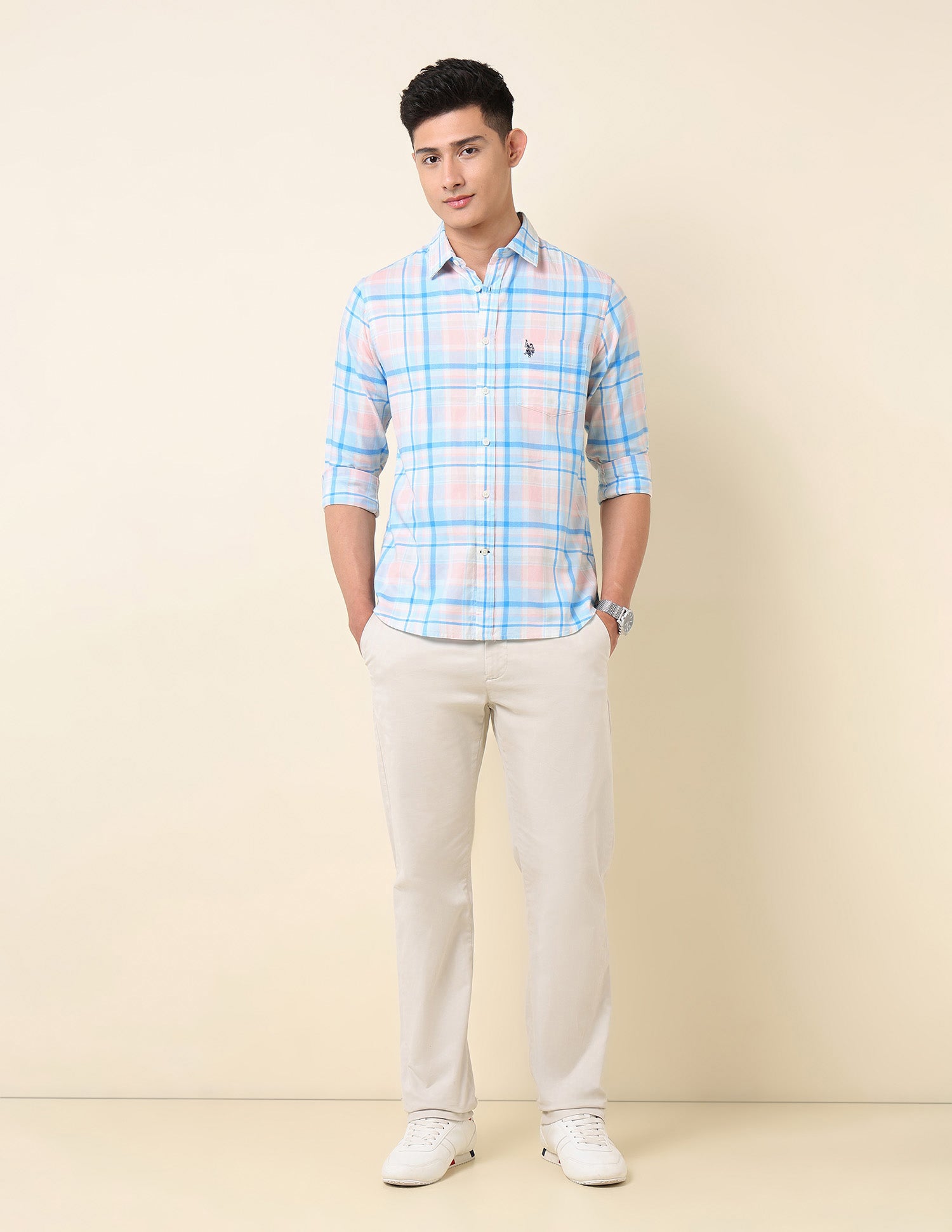 Pure Cotton Grid Tattersall Checked Shirt Blue - U.S. Polo Assn. India | Large