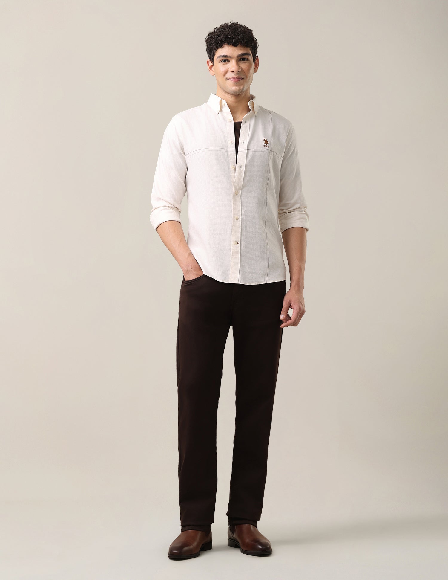 Twill Tailored Fit Button-Down Collar Shirt Ivory - U.S. Polo Assn. India | Large