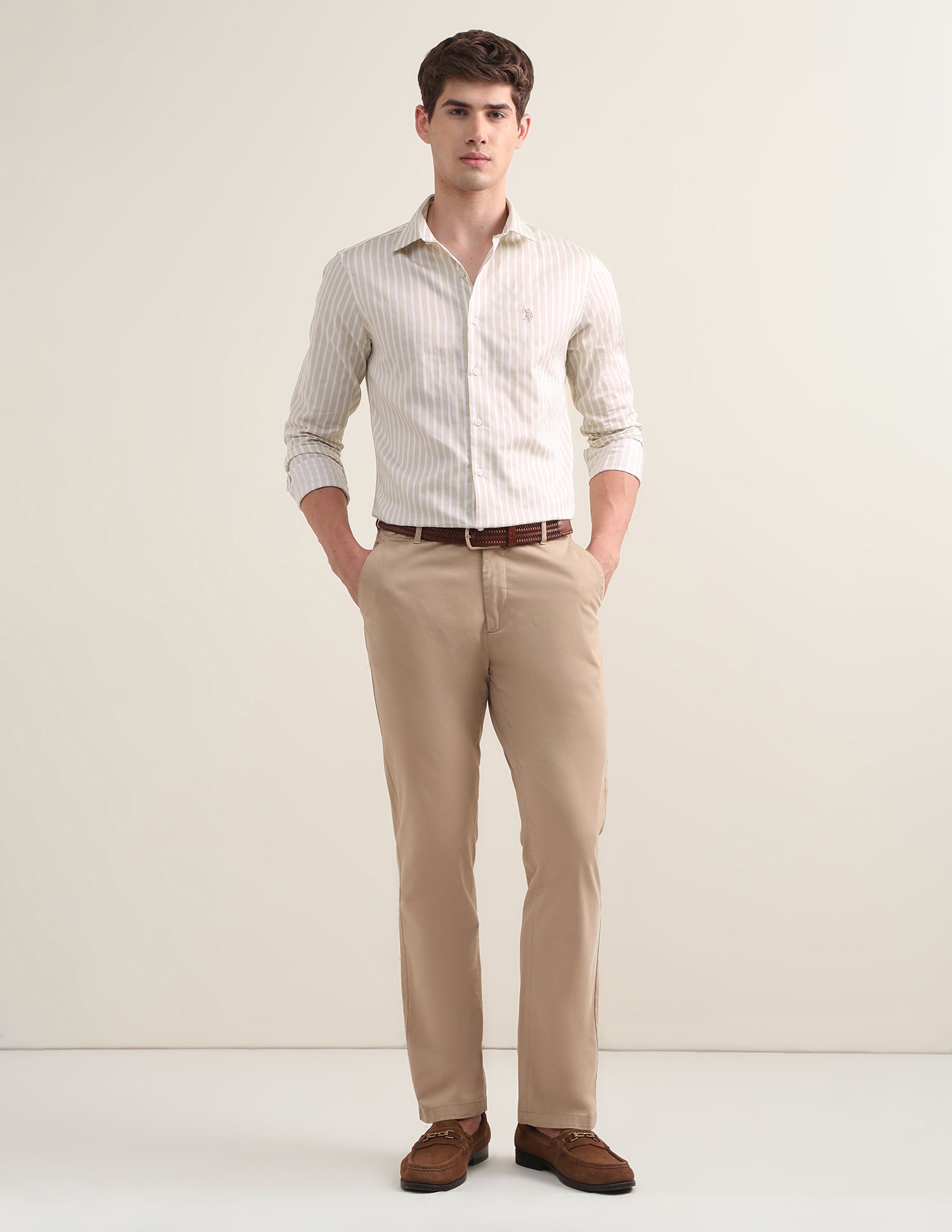 Vertical Striped Satin Shirt Beige - U.S. Polo Assn. India | Large