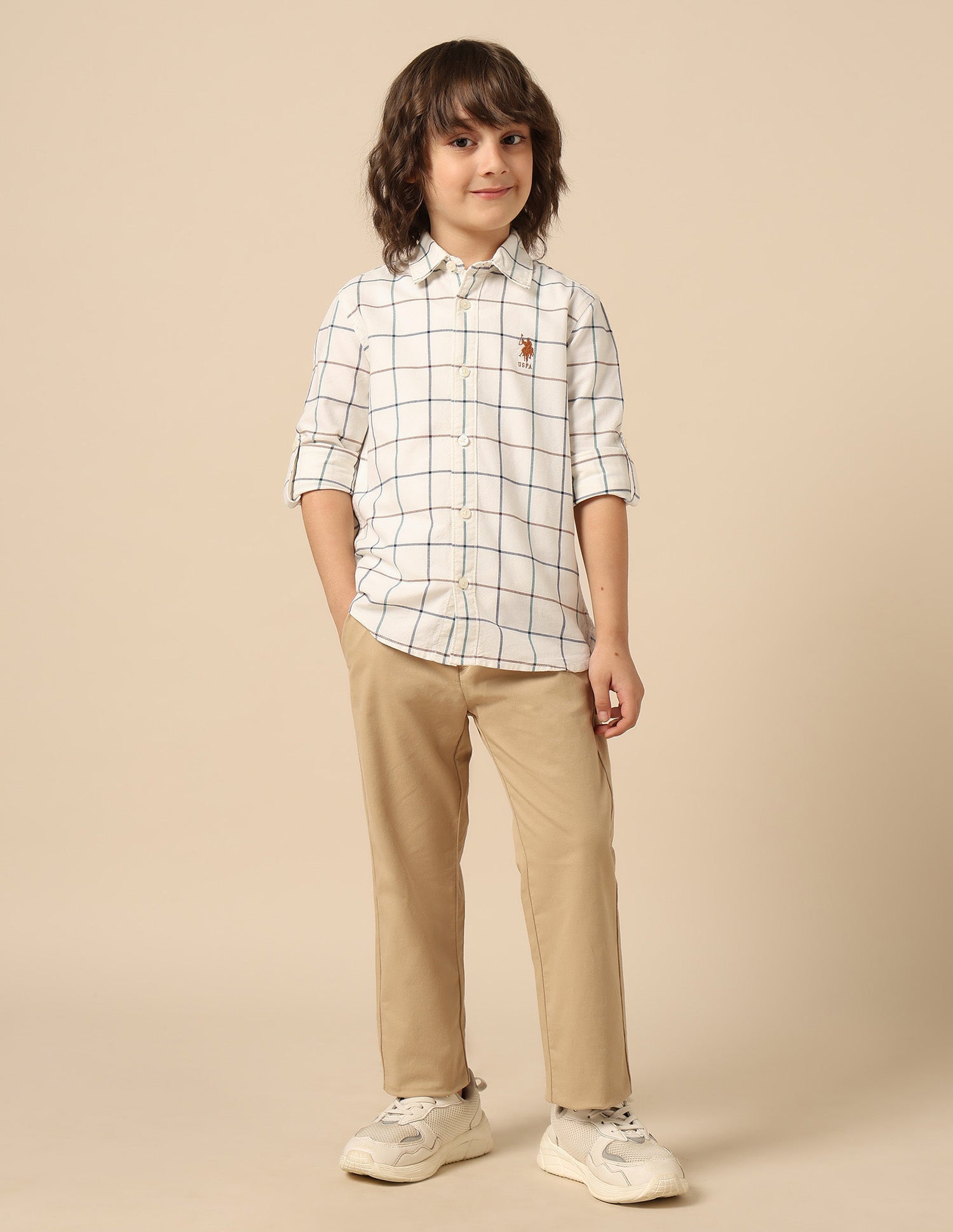 Boys Windowpane Checked Oxford Shirt Beige - U.S. POLO ASSN. | Large