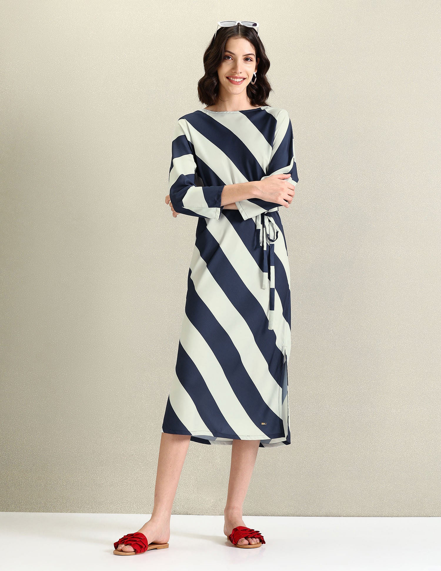 Round Neck Diagonal Stripe Dress Blue - U.S. Polo Assn. India | Large