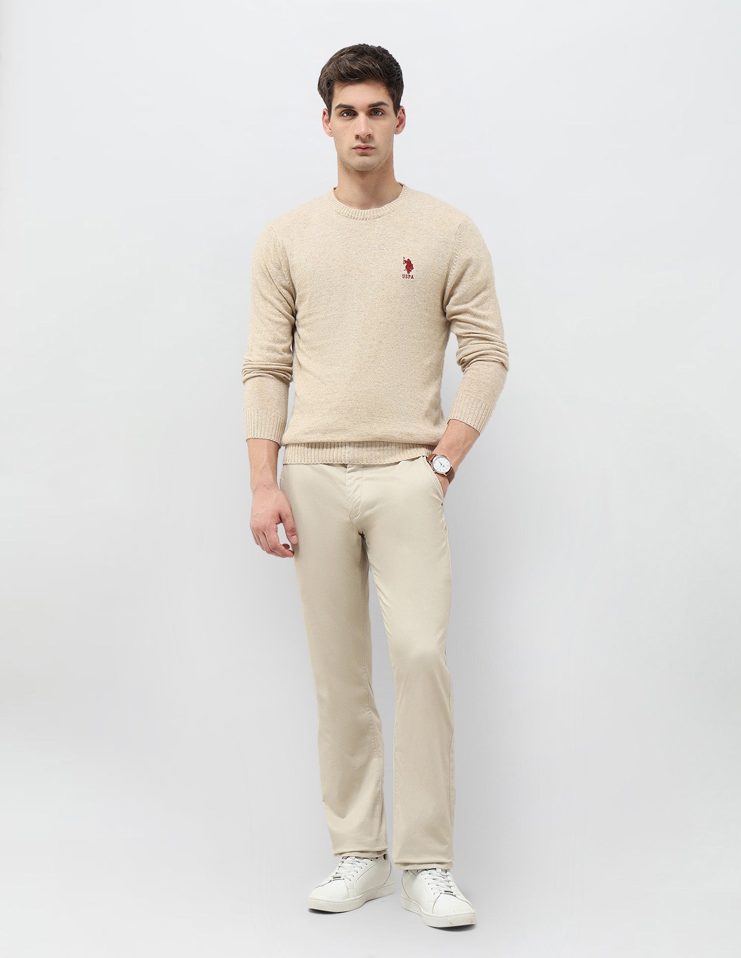 Solid Pattern Regular Fit Sweater Beige - U.S. Polo Assn. India | Large