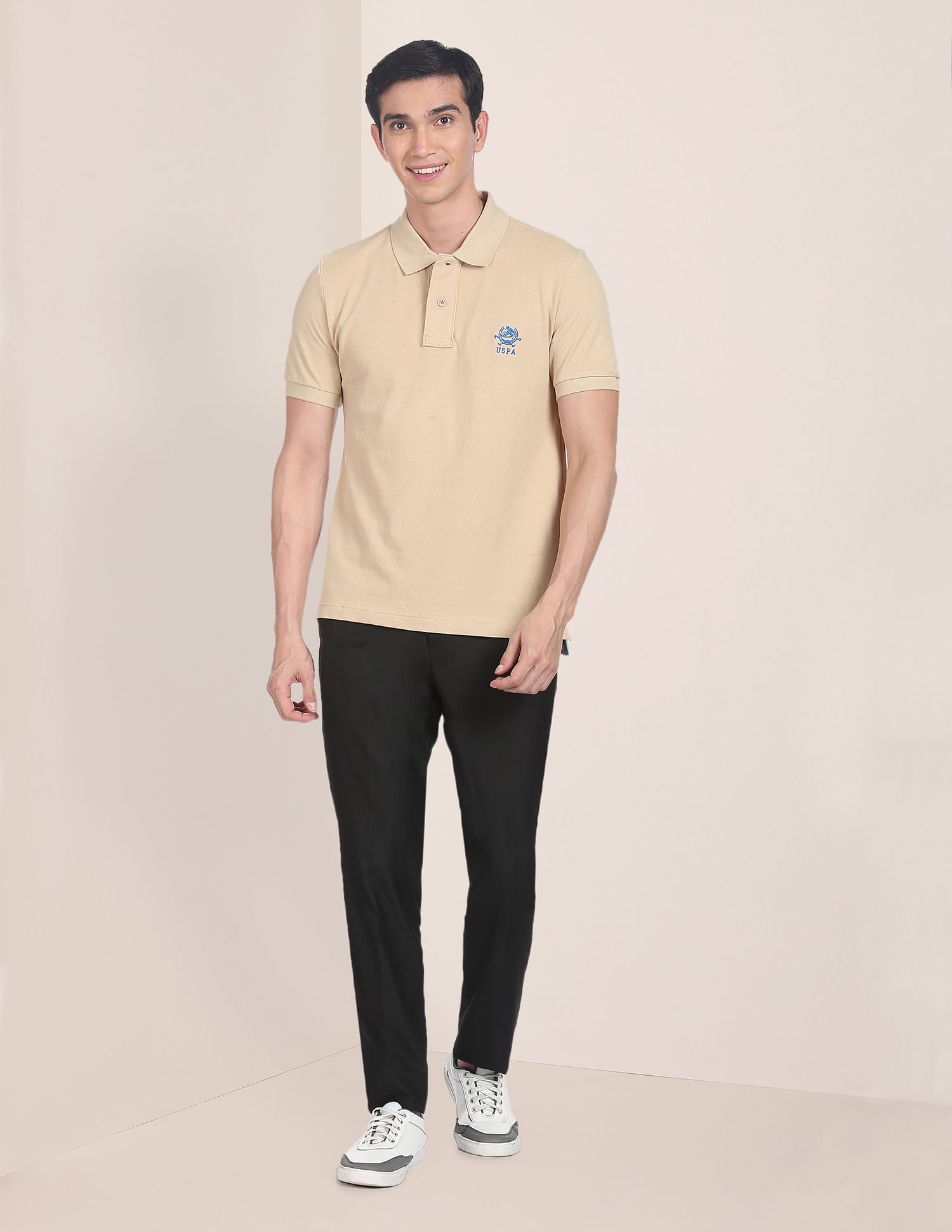 Pure Cotton Solid Pique Polo Shirt Beige - U.S. Polo Assn. India | Large