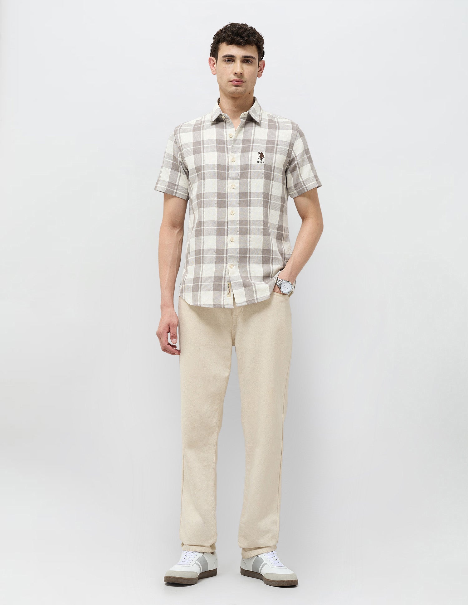 Regular Fit Textured With Tartan Checked Shirt Brown - U.S. POLO ASSN. | Large