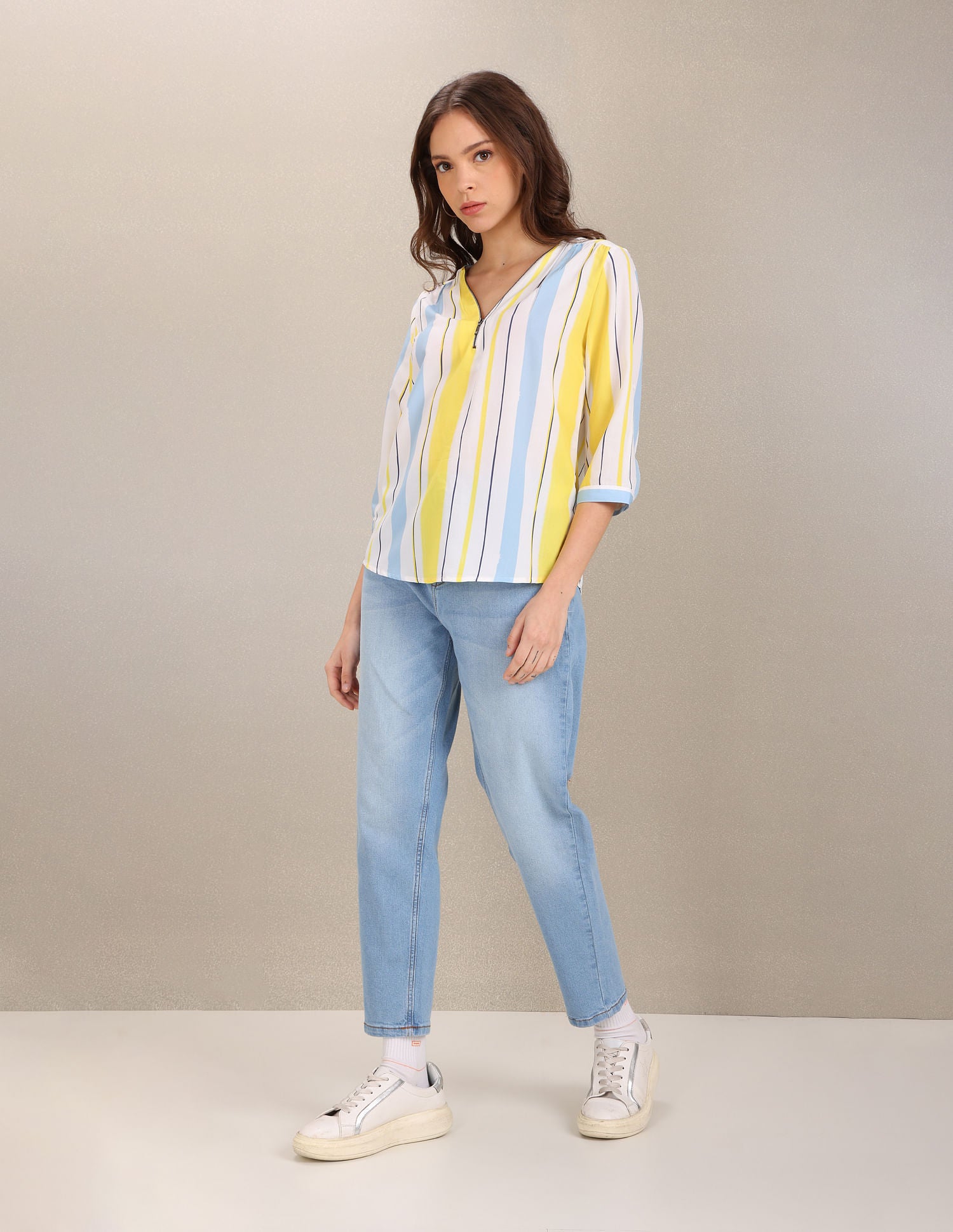 V-Neck Vertical Stripe Top Yellow and Blue - U.S. POLO ASSN. | Large