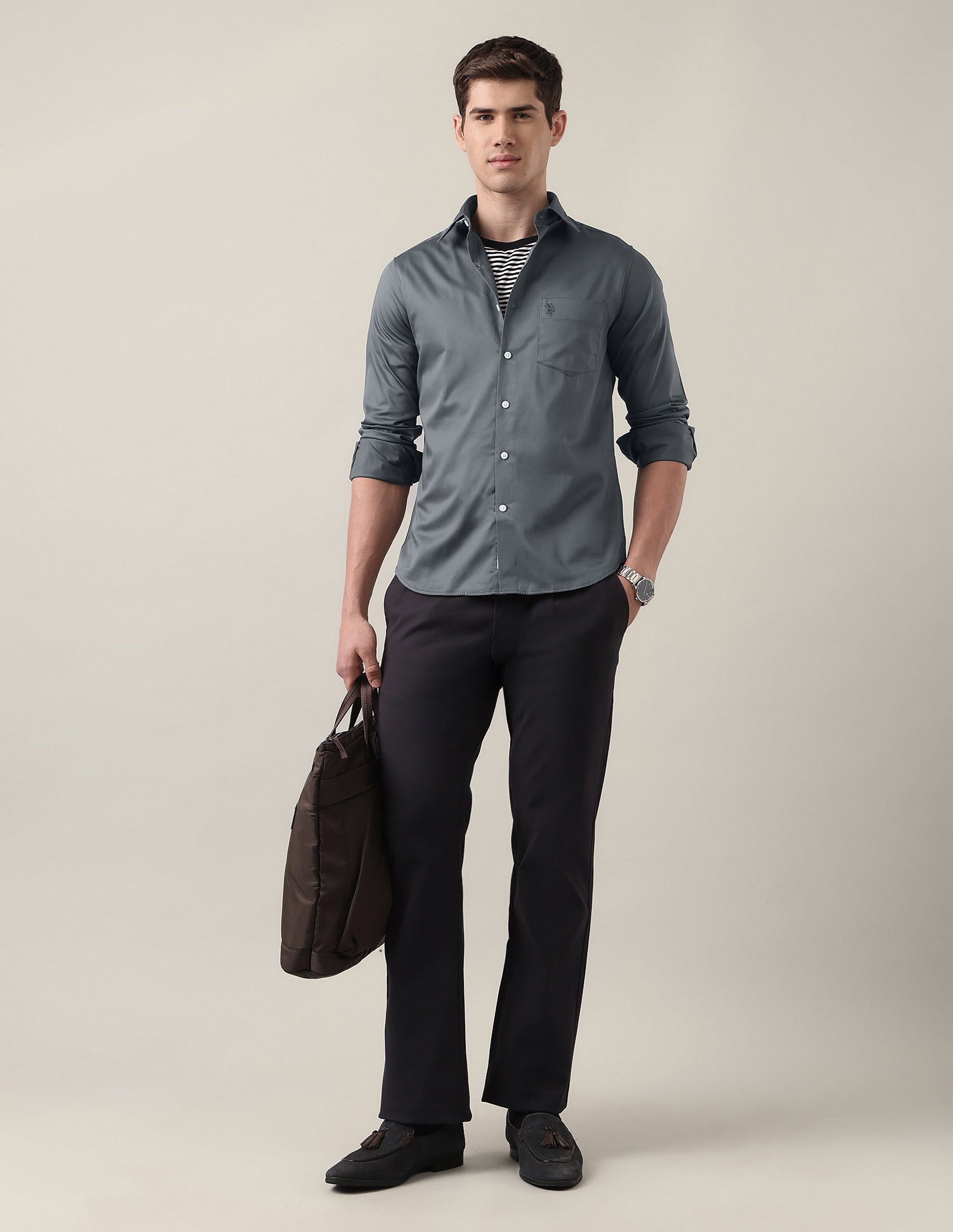 Satin Tailored Fit Shirt Light Grey - U.S. Polo Assn. India | Large