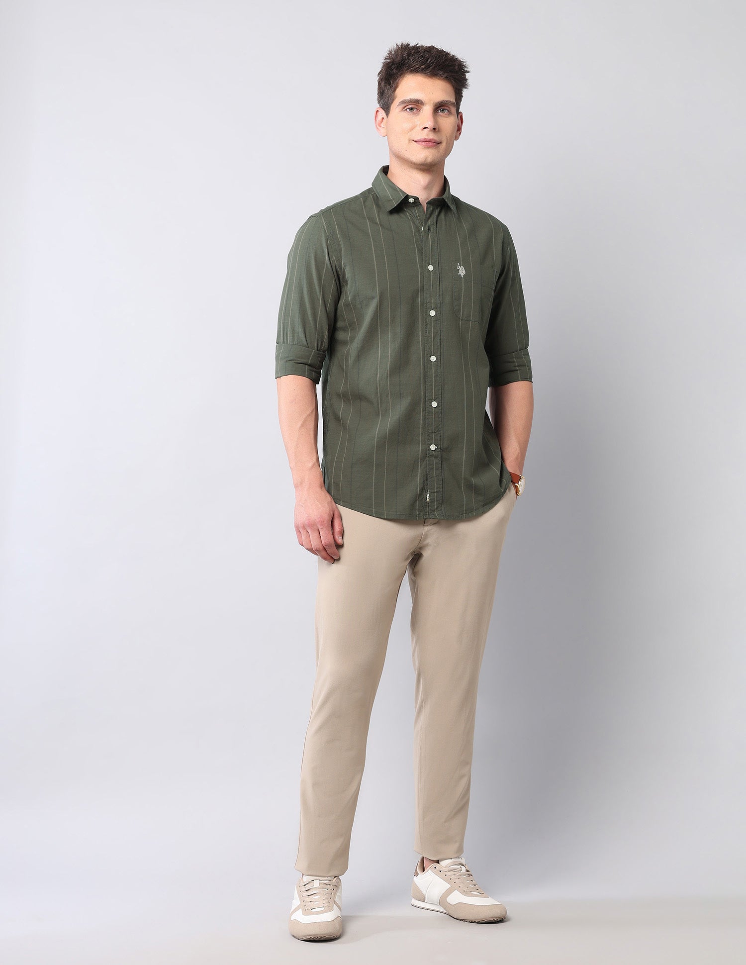 Vertical Striped Pure Cotton Shirt Olive - U.S. Polo Assn. India | Large